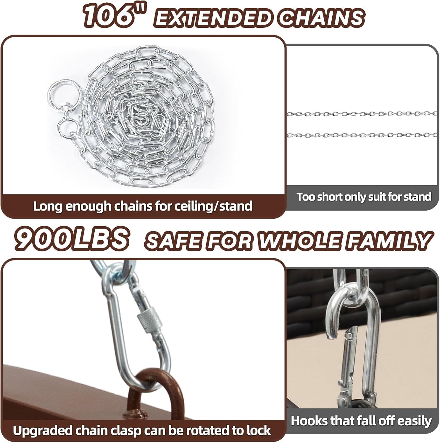 Heavy Duty Porch Swing Outdoor, 900LBS Capacity Textilene Hanging Bench Swing Chair with Extended Chains, 3-Seat Patio Swing with Pillows, Weather-Resistant for Outdoor, Patio, Backyard, Brown