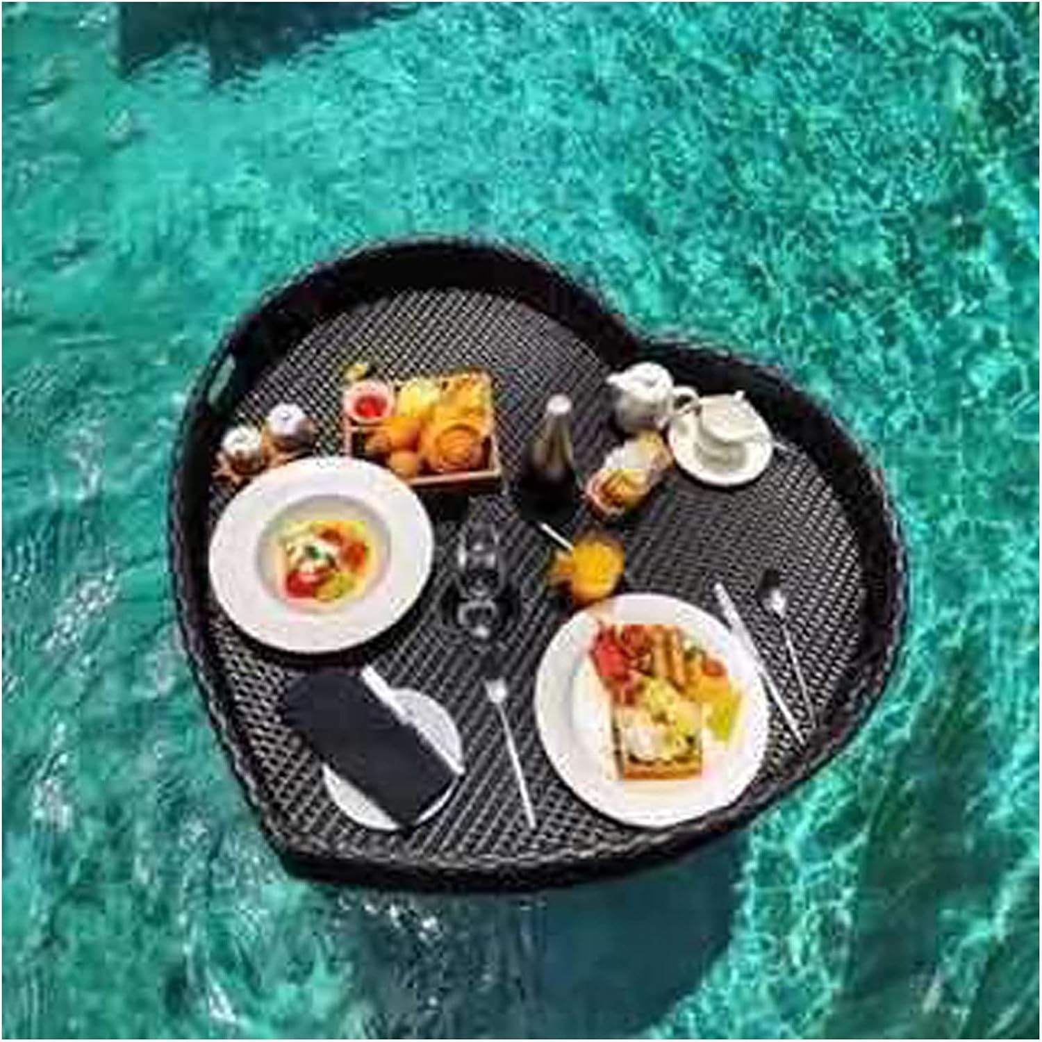 Luxury Floating Serving Tray Pool Tray Table, Black 85X82X15M Rattan Refreshment Tray, Heart-Shaped Swimming Pool Floating Breakfast Tray Swimming Pool Floats
