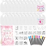 FIONUPI 55 Pcs Baby Bibs Decorating Kit Includes 1 Wooden Pink Bow Baby Shower Game Sign 22 DIY White Bibs 22 Bow Stencils 10 Colorful Markers Supplies for Shower Games