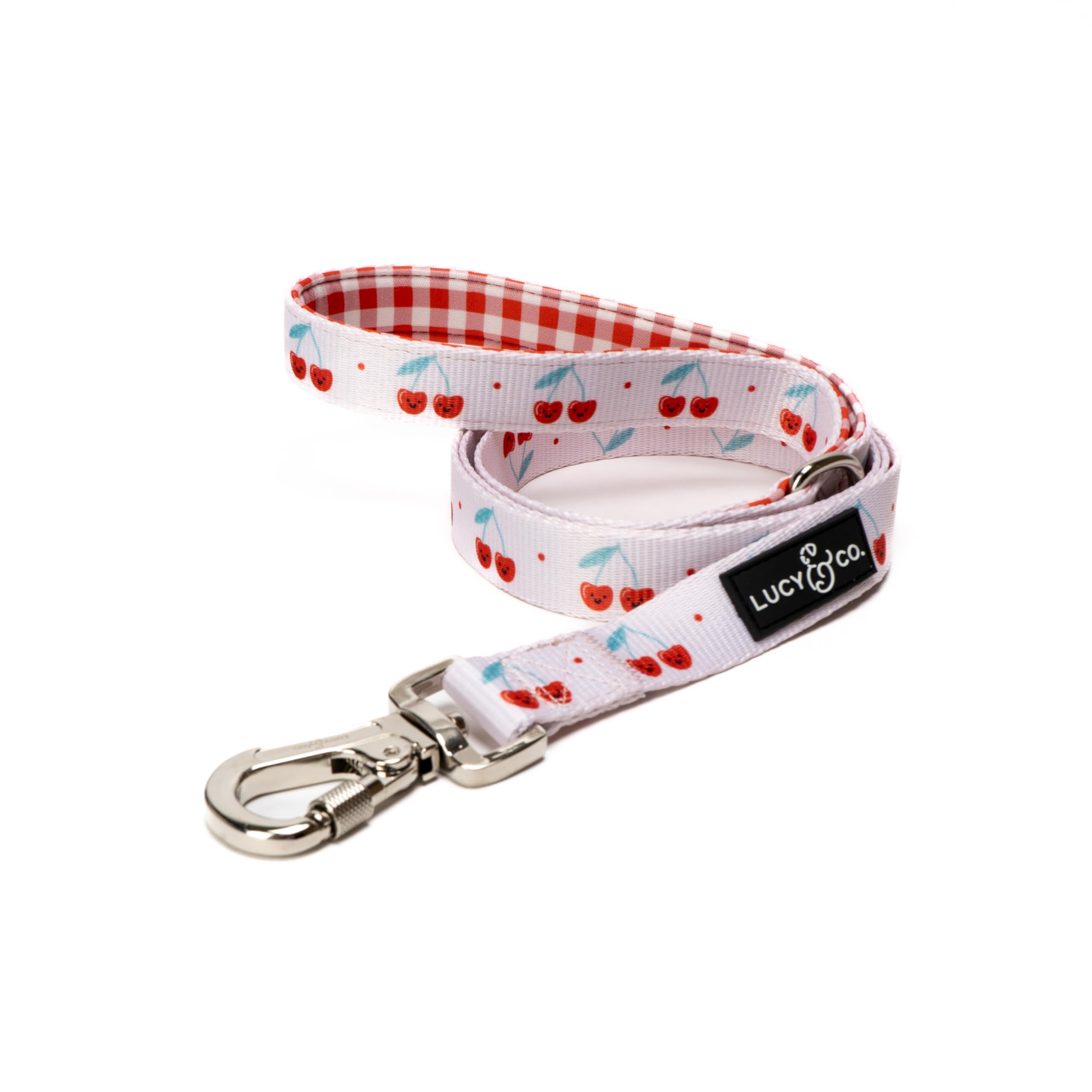 Lucy & Co. Cheery Cherries - Designer Dog Leash for Small to Large Dogs - Padded Handle for Comfort - Large, Red Gingham Cherries - 5 Foot