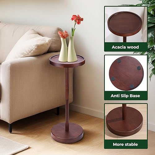 Miniatura 5 de Mesa auxiliar con pedestal de madera maciza de acacia - Mesa redonda pequeña para Martini