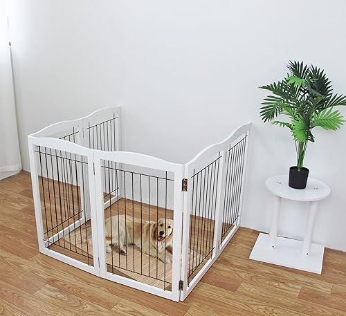 Miniatura 3 de ZJSF Puerta plegable independiente para perro, puerta de madera extra ancha blanca para cachorros, 6 paneles de puerta alta para mascotas, valla