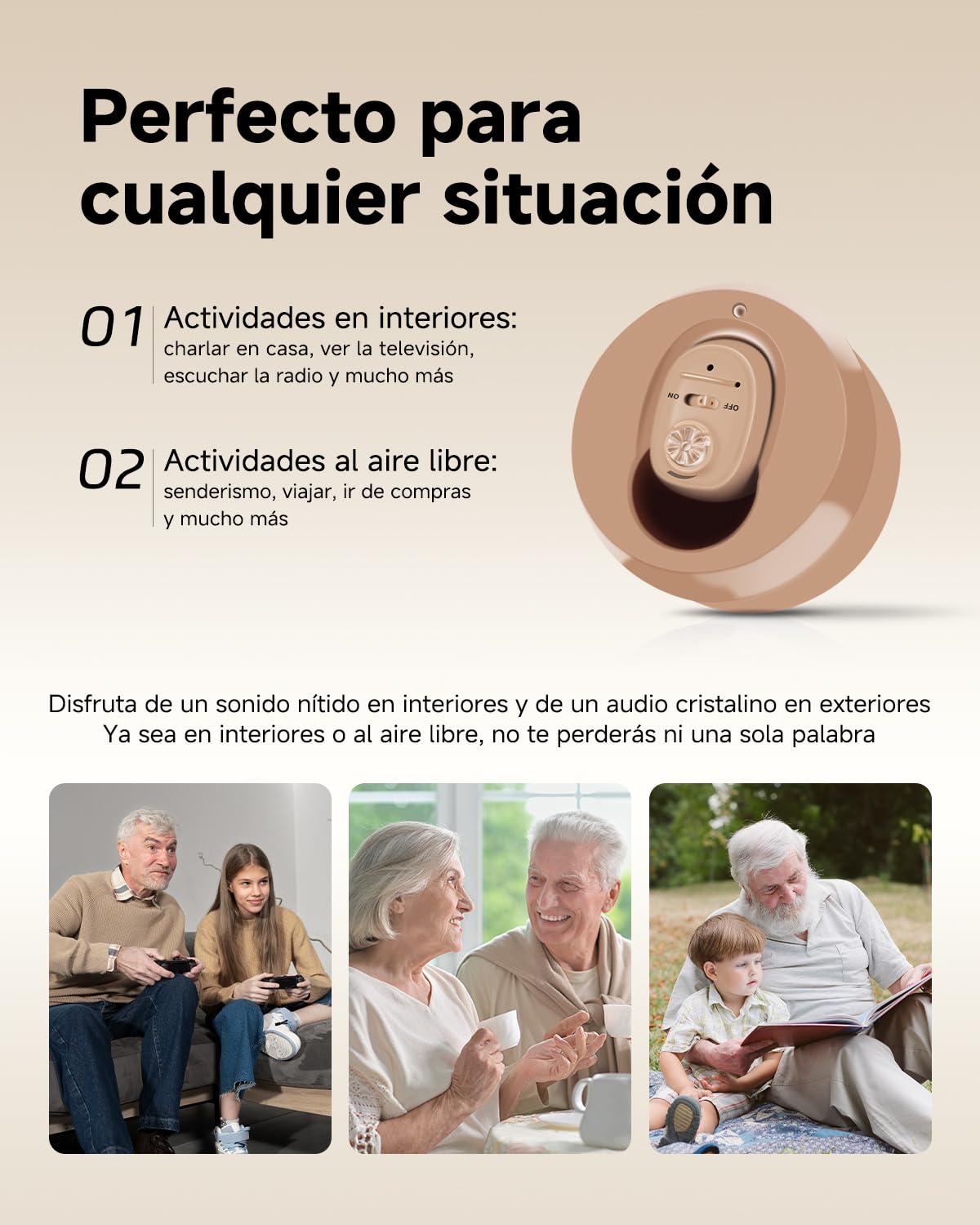 Britzgo Amplificador de Sonido 1607 con Reducción Inteligente de Ruido, Estuche de Carga Portátil, Diseño Ergonómico en L, Hasta 48 Horas de Autonomía y Carga USB (Beige)