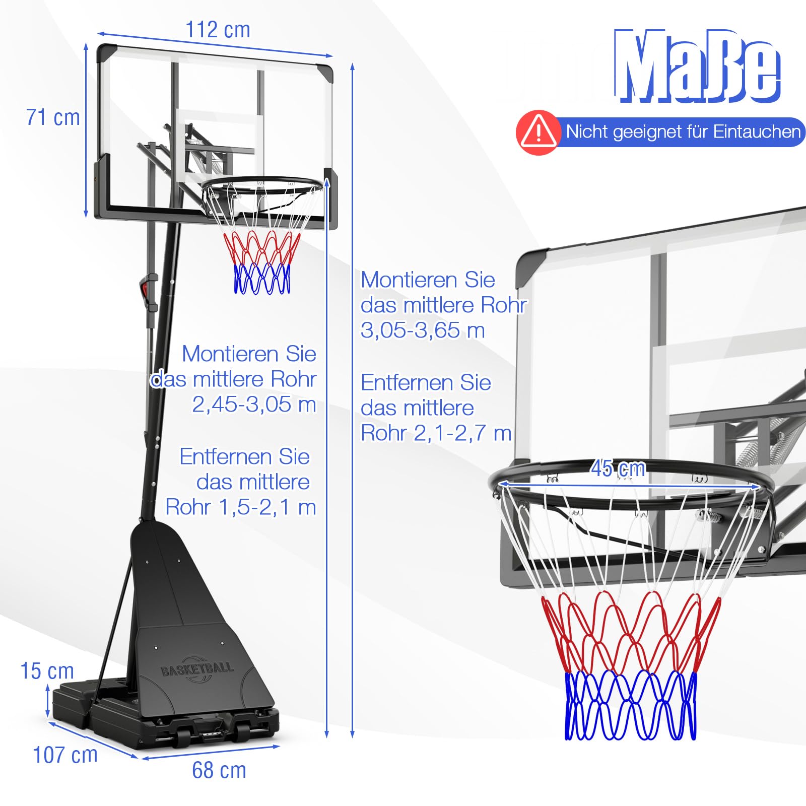 GOPLUS Basketballkorb Outdoor, Korbhöhe 150-305cm verstellbar, Basketball Korb mit PC-Rückwand, Basketballständer tragbar mit Rollen, Basketball Hoop für Kinder Jugendliche Erwachsene