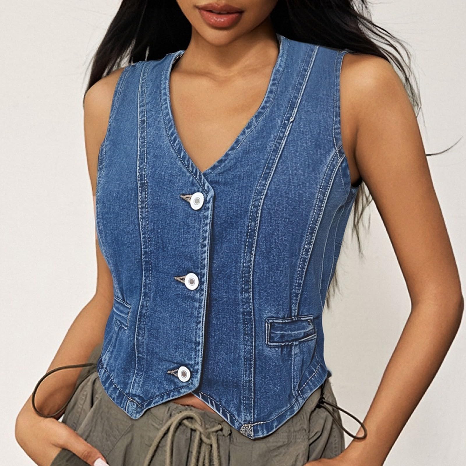 Gilet en Jean pour Femme Blouson sans Manches en Denim à Col en V Veste Boutonné Décontractée Vintage
