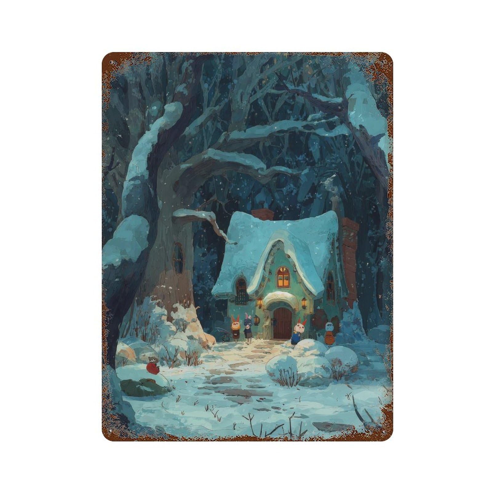 xiaoxiaoshen Snowy Cottage Scene. Winter Fantasy Cozy Storybook Wall Decor Art Metal Tin Poster Modern Home Decor Art Home Bar Shop Decorations Vintage Sign 40x30cm