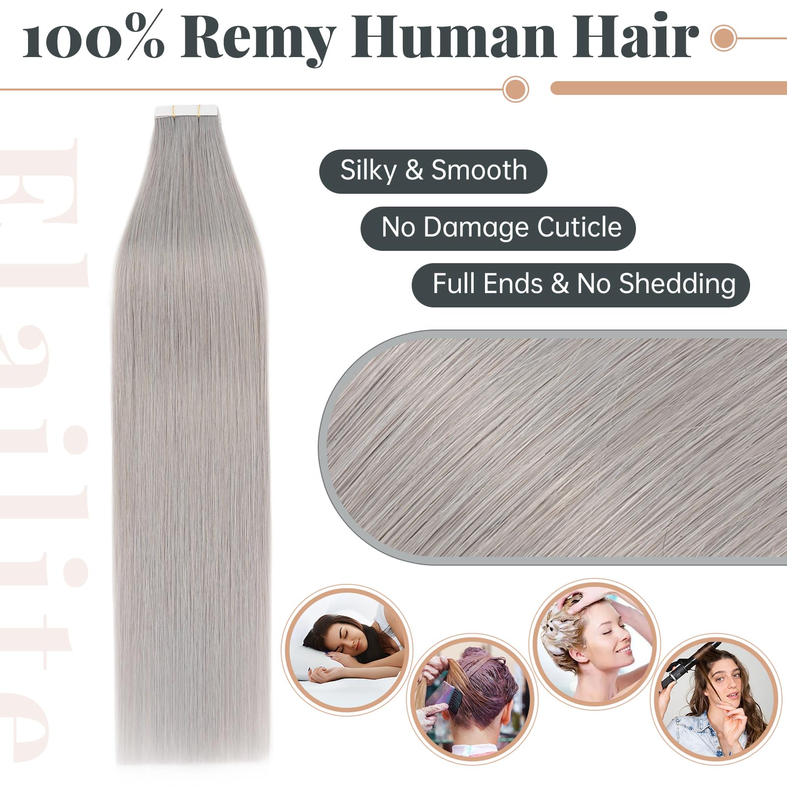 Elailite Extensiones Adhesivas Pelo Natural Gris 30g, 100% Cabello Humano sin Clip 20 Mechas Tape ins 35cm # Gris Claro