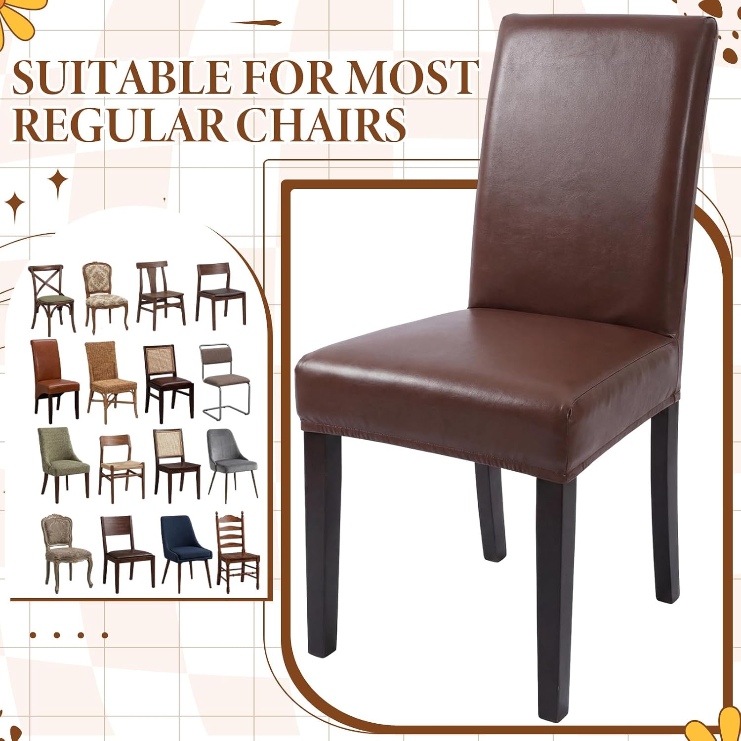 Moukeren Leather Chair Covers for Dining Chairs Set of 8, Waterproof Super Stretch Kitchen Chair Covers Thickened Washable Dining Chairs Slipcover Seat Cover for Kitchen, Banquet(Brown)