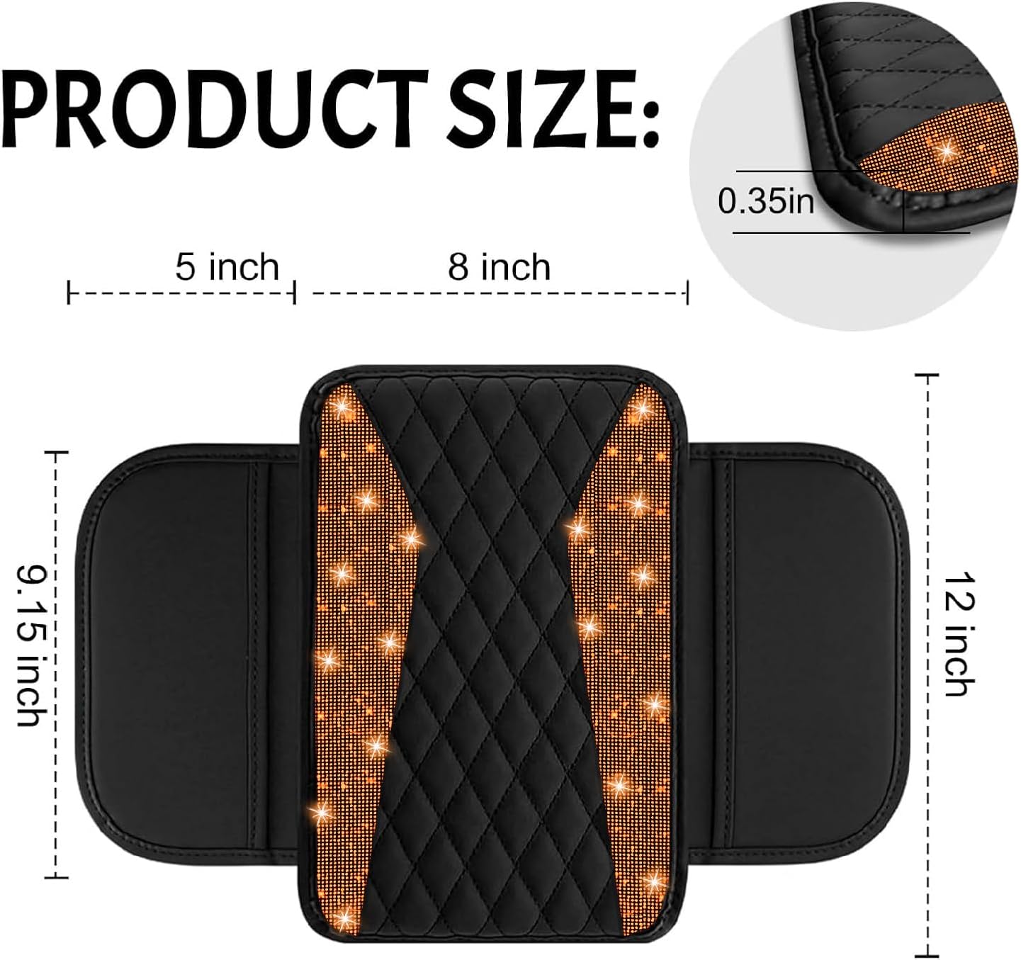 NBTEPEM Bling Car Center Console Cover, Leather Middle Console Cover with 2 Storage Bags, Universal Arm Rest Cover Protector, Bling Car Accessories Interior Fit for Most Vehicles, Orange Diamond image 2