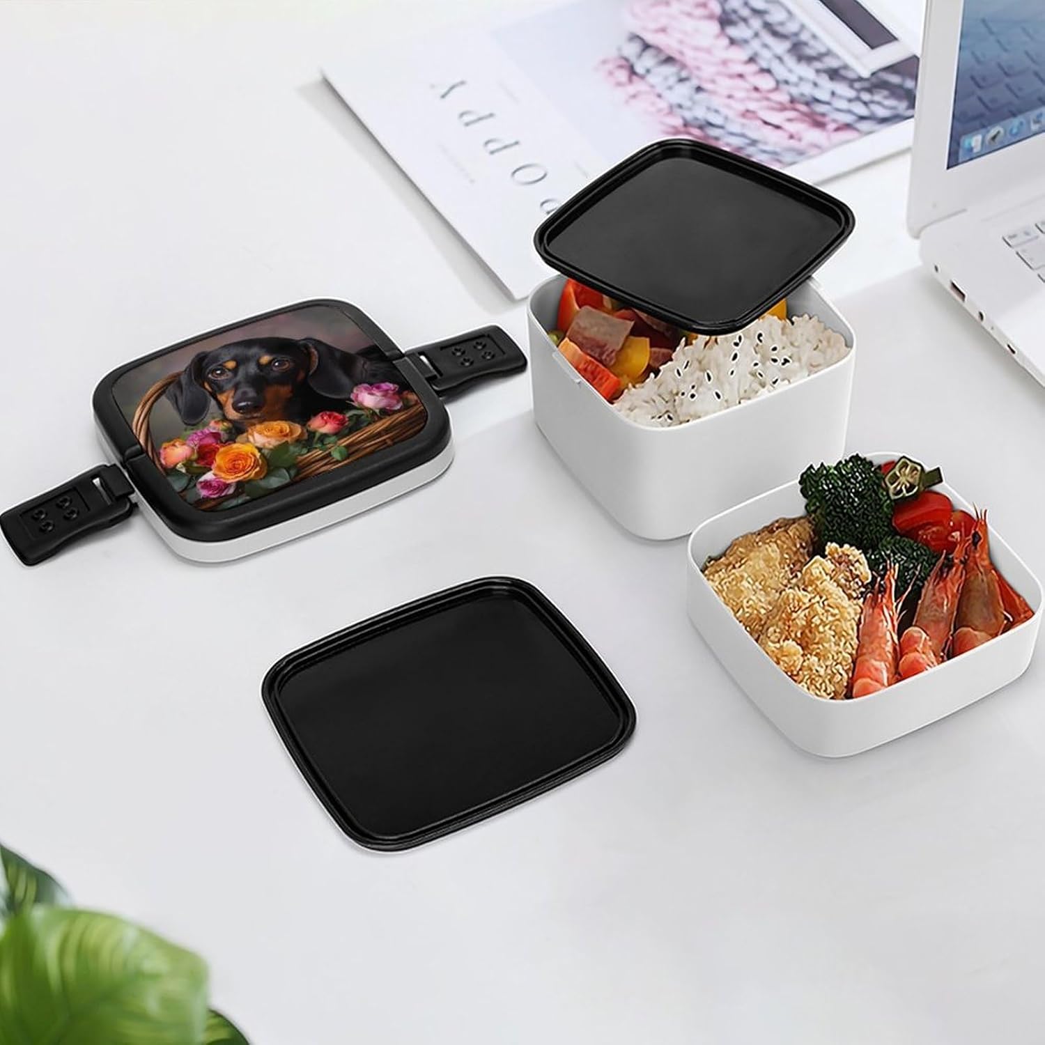 Dachshund Flower Bento Box with Spoon 2 Layer Food Container Cute Lunch Box for Travel Dining Work