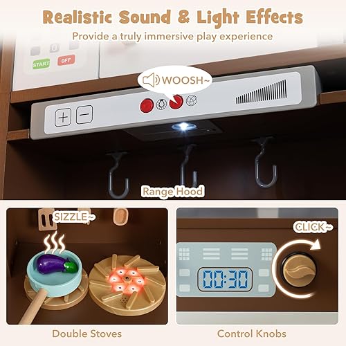 Miniatura 4 de Costzon Juego de cocina de esquina, juego de juguetes de cocina con luces y sonidos reales, refrigerador grande, máquina de hielo, horno,
