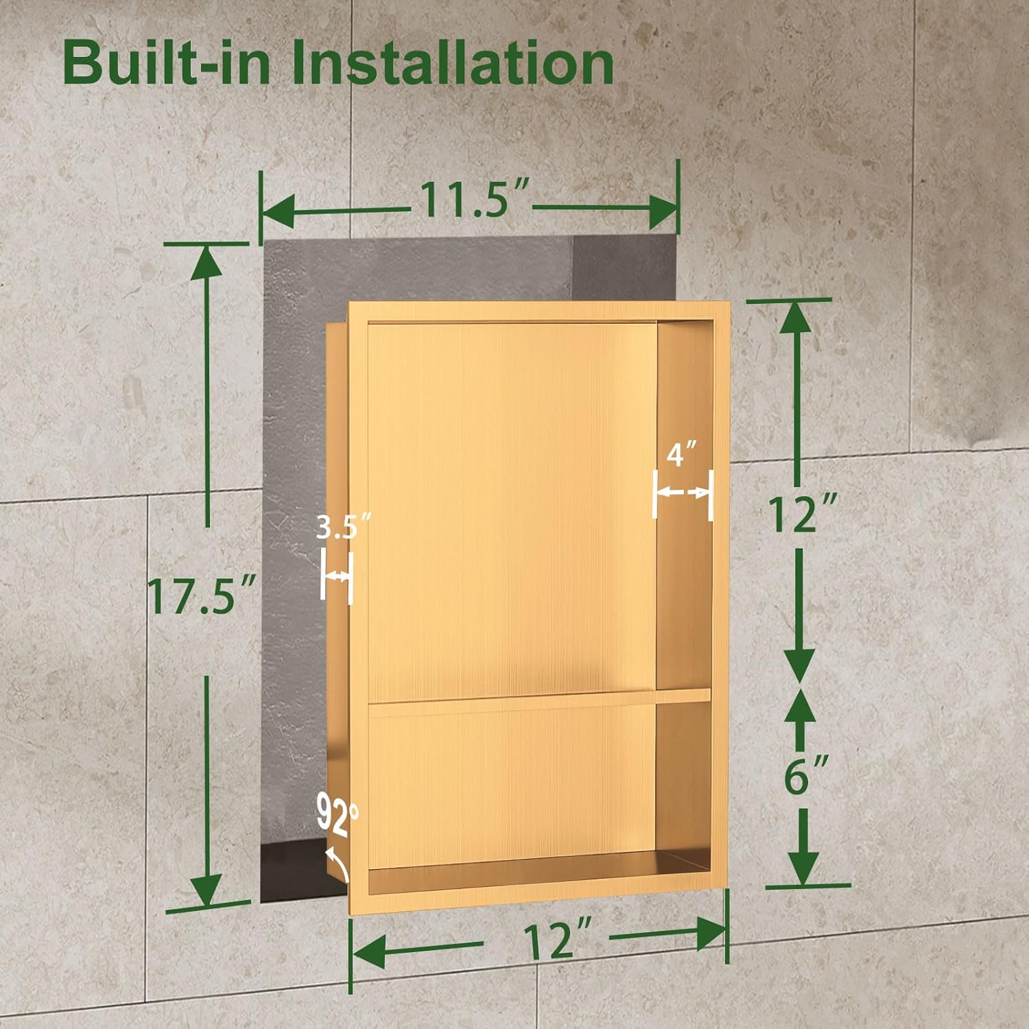Shower Niche,12 * 18 Stainless Steel Elegant Bathroom Niche, No Tile Needed Recessed Shower Shelf Organizer for Storage,Gold