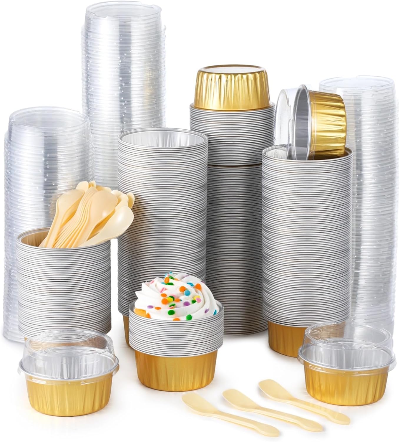 400 Sets Aluminum Baking Cup with Lid & Spoon, 5 oz Disposable Ramekin with Lid, Small Aluminum Foil Baking Bowl, Muffin Creme Brulee Cupcake Liner Container for Home Bakery Birthday Party