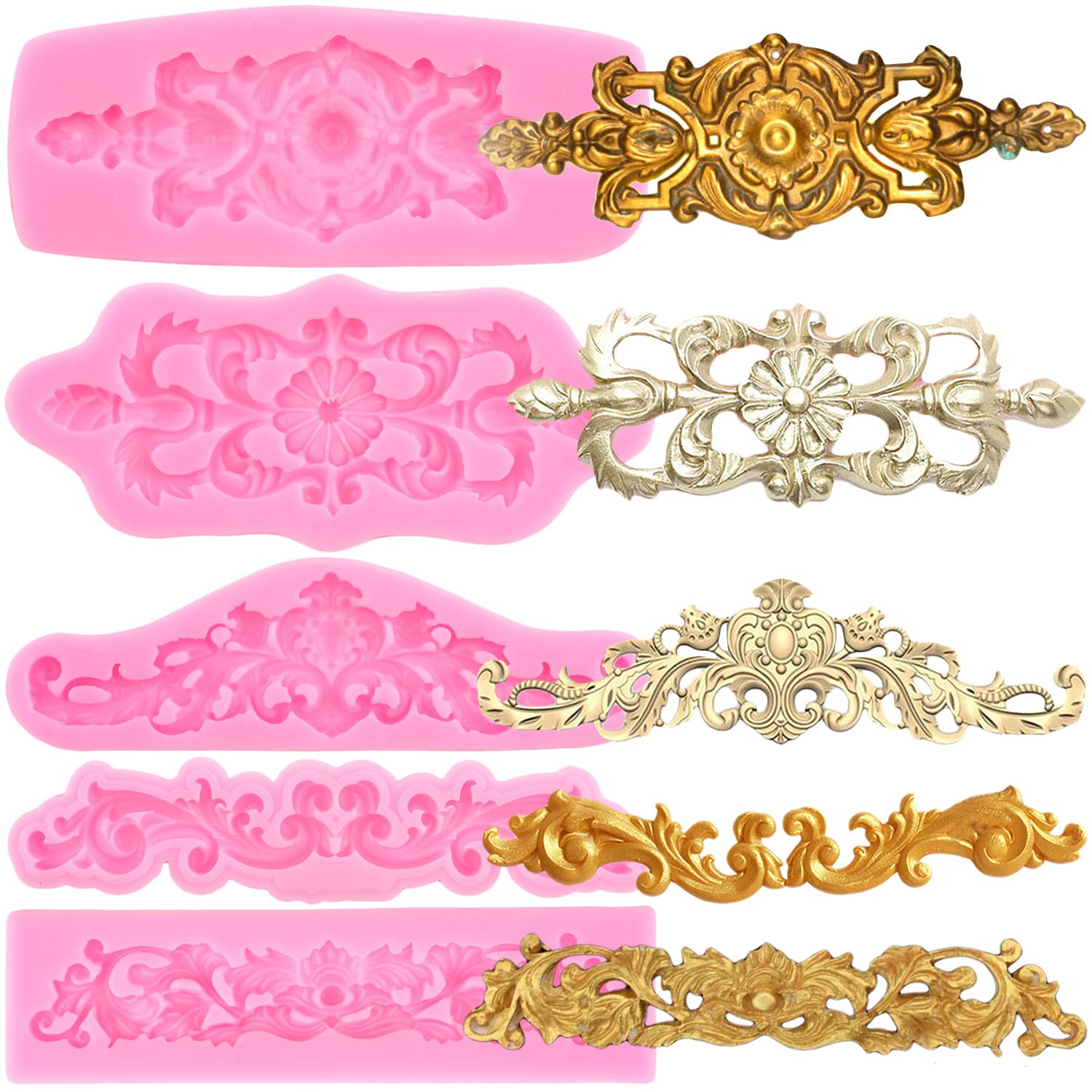 Zixiang Juego de 5 moldes de silicona para fondant de estilo barroco, para decoración de pasteles de azúcar, arcilla polimérica, caramelos, chocolate, pasta de goma