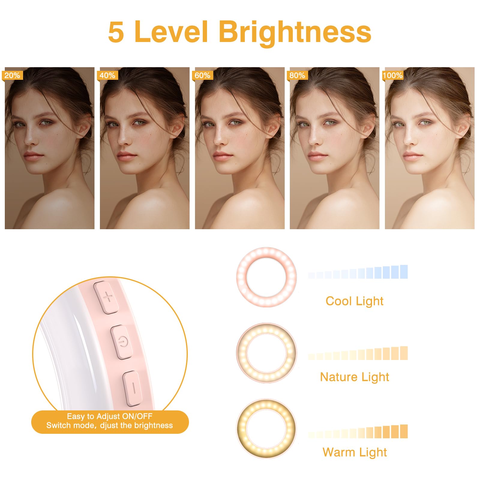 Kimwood - Anello luminoso con clip, ricaricabile, 60 LED, per selfie, telefono, laptop, tablet
