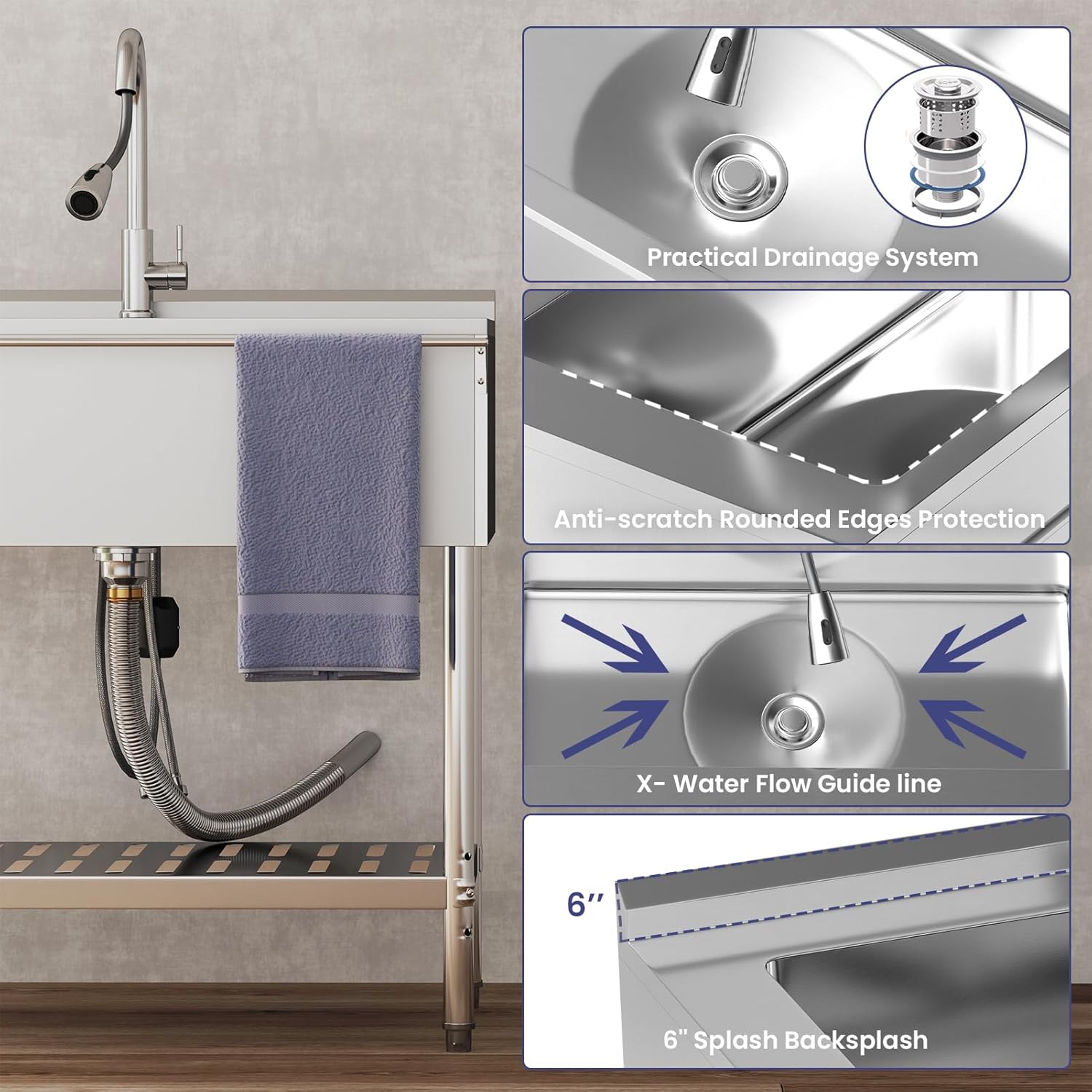 Detallada view of the sink's practical drainage system, anti-scratch rounded edges, X-water flow guide line, and 6-inch splash backsplash.