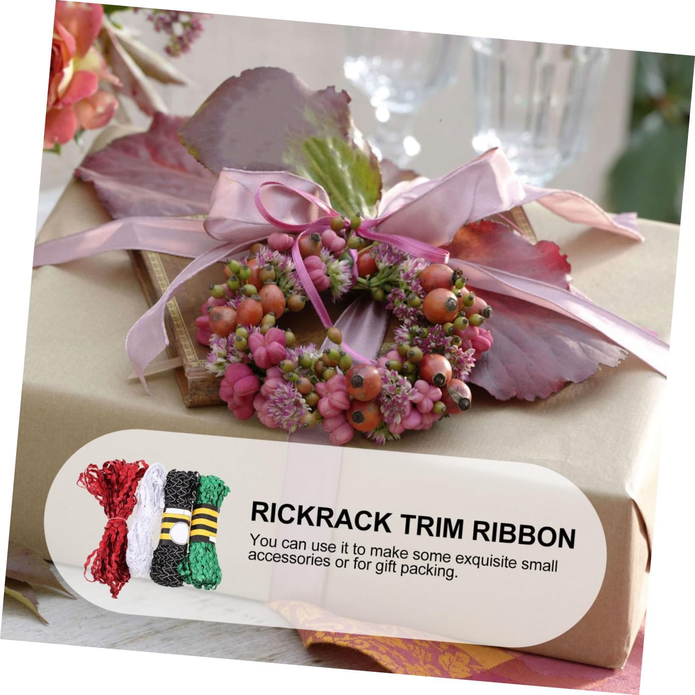 4 Rolls 15 Yards 5mm Rickrack Ribbon Set, Red Green White Black-White Bending Fringe Trim Ribbon for DIY Sewing, Clothing Decoration, Flower Making Crafts