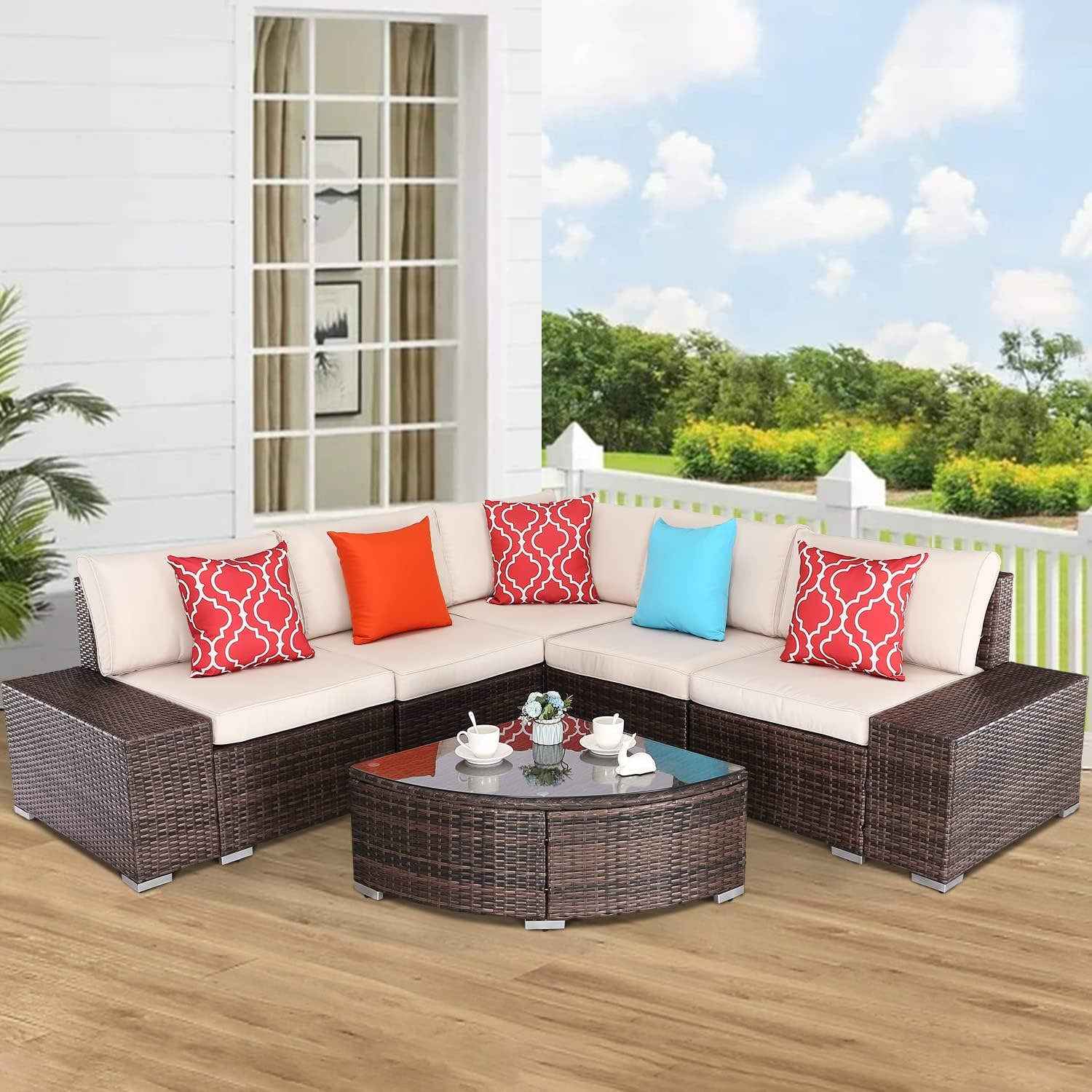 Outdoor Furniture Wicker Patio Set Bistro Set Outdoor Conversation Set PE Rattan Patio Dining Set for Porch Balcony Yard (Brown/Beige, 6 Pieces Set) (Brown/Beige, 6 Pieces Set)