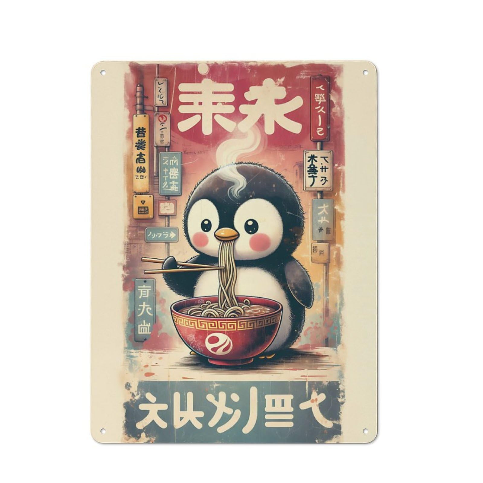 Junmoney Penguin Eating Ramen In Japanese Setting For Hobby Room Or Studio, Rustic Metal Sign 40X30cm, For Creative Interior Collectors Refreshing A Room In Autumn