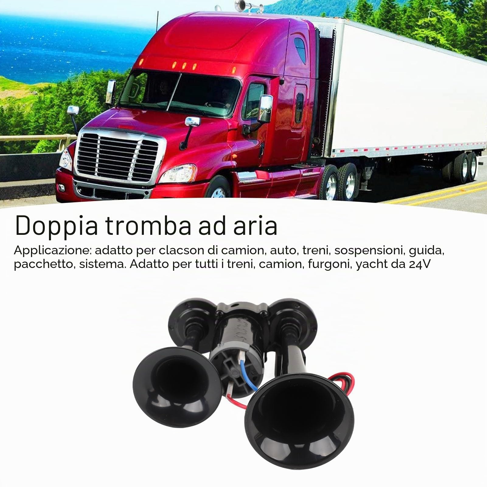 SIXRUN Clacson ad Aria Doppia Tromba 130 dB, 24V con Compressore, Metallo Cromato, per Camion Yacht Treni