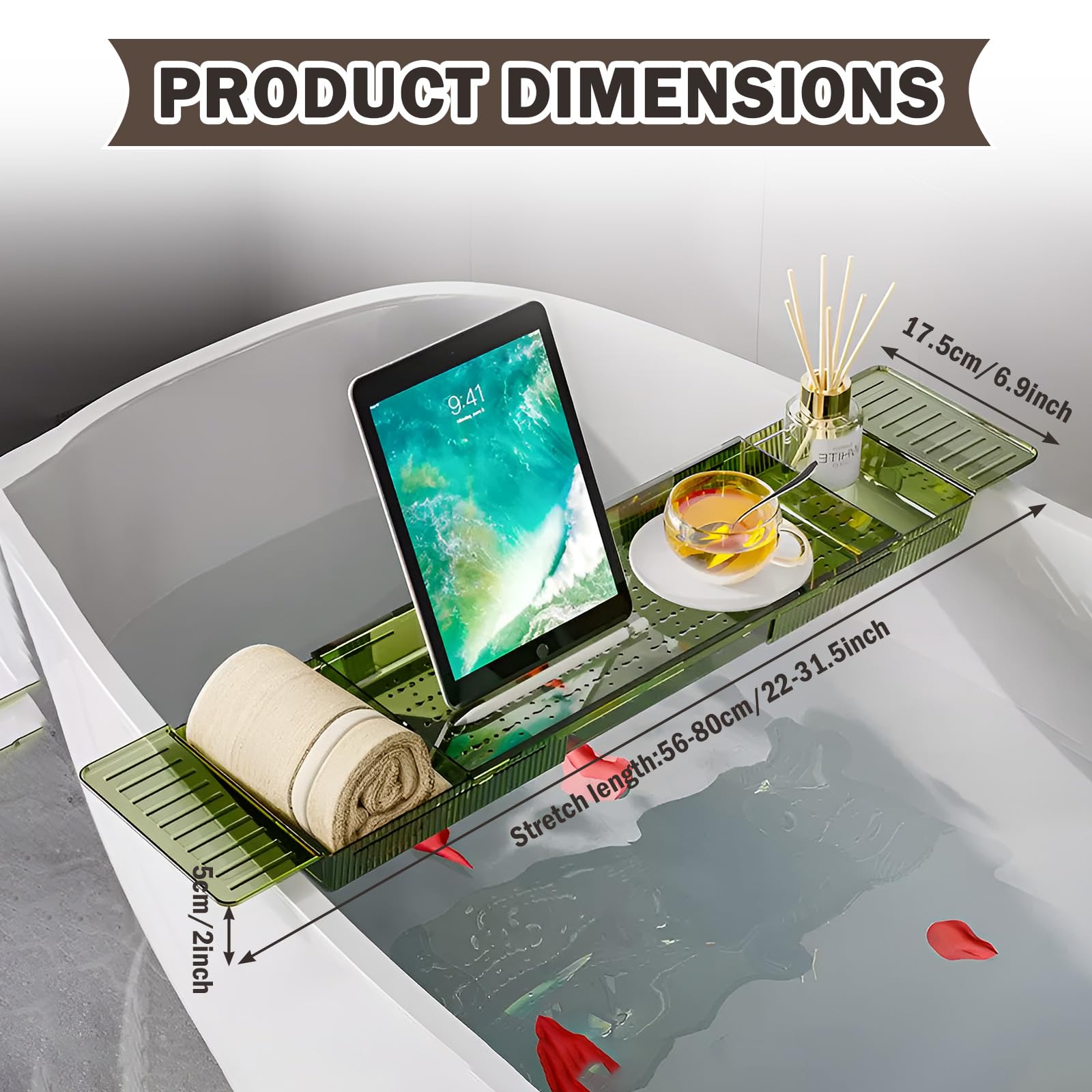 Bandeja de bañera acrílica para bañera grande, bandeja de bañera expandible para mujeres relajantes con alfombrilla antideslizante (verde)