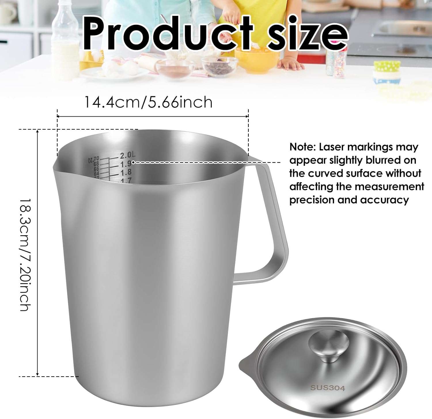 2 L / 70 oz Large Stainless Steel Measuring Cup with Lid, 8 Cup Metal Measuring Cups with Handle, Precision Markings Stainless Steel Pitcher for Espresso Machine, Latte Art, Hot/cold Water