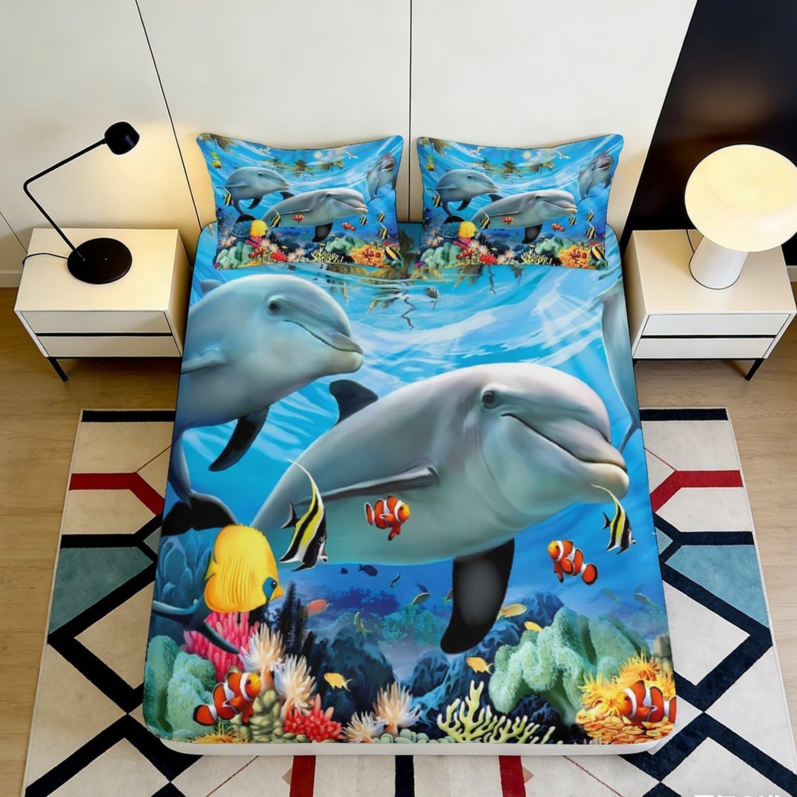 Pnayamiorkfel Style-6 3D Printed Ocean Dolphin Fitted Sheet Microfiber Soft Bedroom Decor Underwater Reef Mattress Cover For Home Dorm 90X200x25cm
