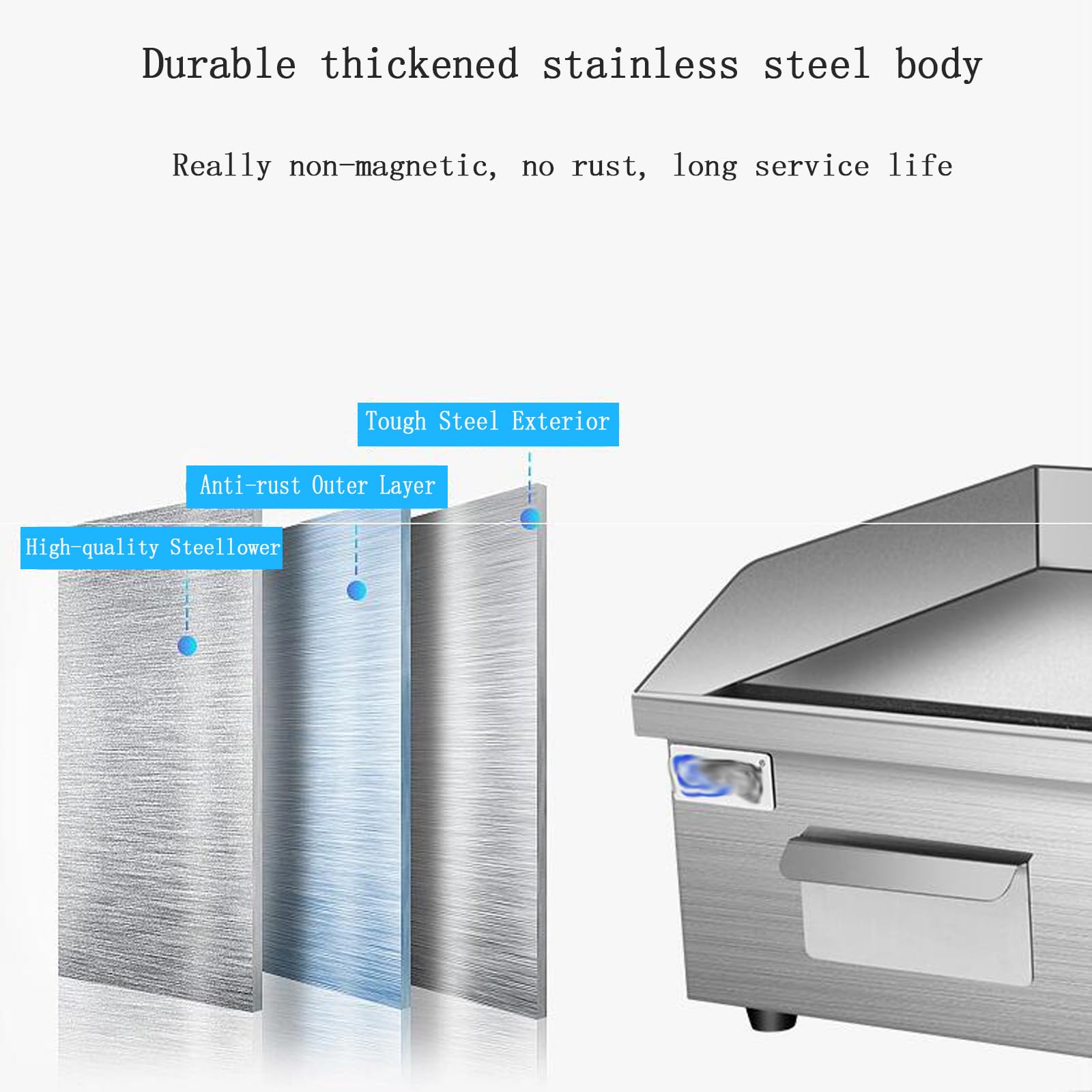Piastra elettrica da banco Commerciale da 1500 W, Piastra in Acciaio Inox, Piastra Calda per Barbecue, Piastra Antiaderente, Grande, per ristoranti, bistecche e Pancake.