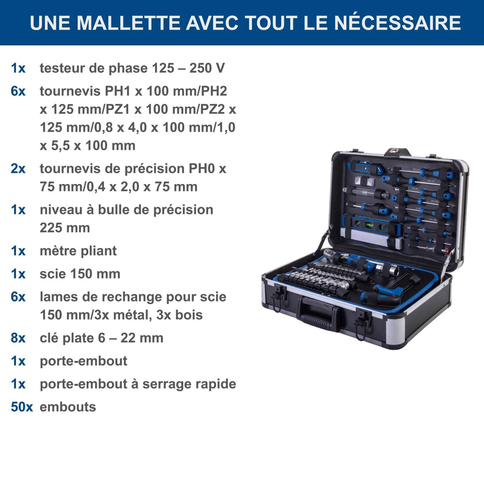 Scheppach Mallette à outils TB225 – Valise à outils – Coffret outils – Boîte à outils – Caisse à outils - Boîte de rangement - 235 pièces – En chrome vanadium - Idéal pour l'atelier