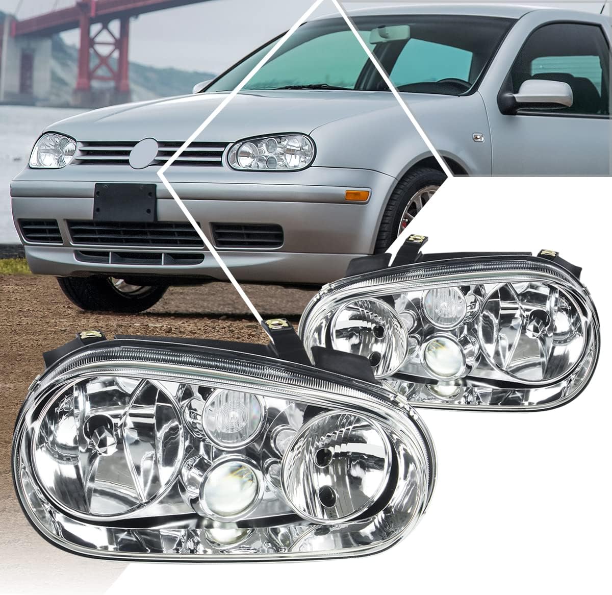 PM PERFORMOTOR 2Pcs Headlights Assembly w/Projector Fog Lamp Compatible with 99-06 VW Golf Cabrio,Chrome Housing