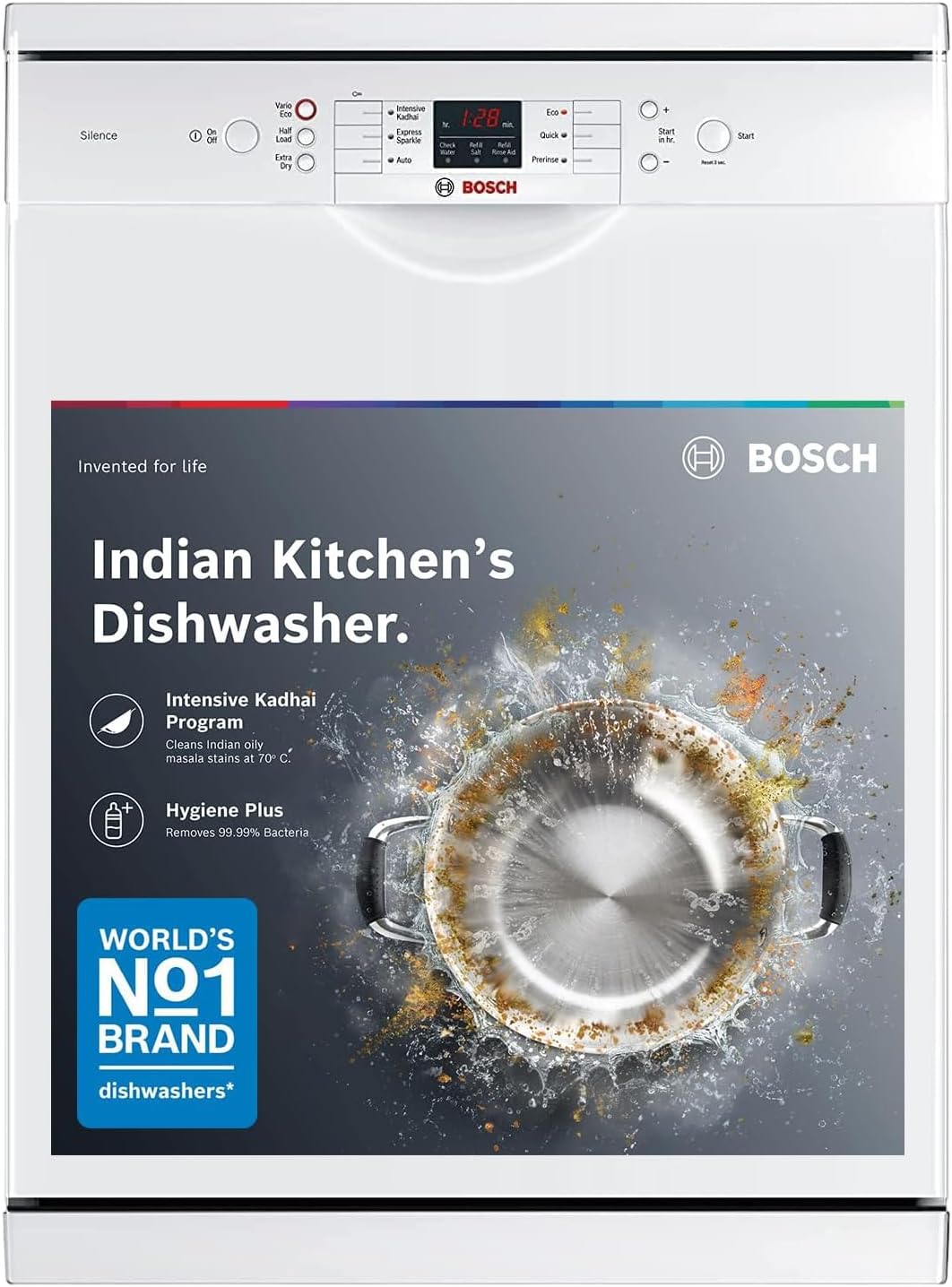 Bosch 13 Place Setting (fits up to 70 utensils) Free-Standing Dishwasher for Indian Utensils | Hygiene+ & Intensive Kadhai Program (SMS66GW01I, White, Inbuilt Heater, Removes 99.9% Germs)
