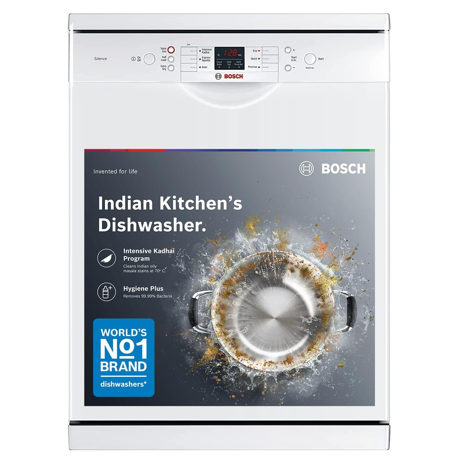 Bosch 13 Place Setting (fits up to 70 utensils) Free-Standing Dishwasher for Indian Utensils | Hygiene+ &amp; Intensive Kadhai Program (SMS66GW01I, White, Inbuilt Heater, Removes 99.9% Germs)