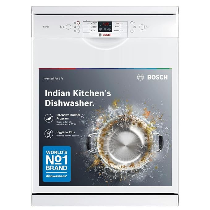 Bosch 13 Place Setting (fits up to 70 utensils) Free-Standing Dishwasher for Indian Utensils | Hygiene+ & Intensive Kadhai Program (SMS66GW01I, White, Inbuilt Heater, Removes 99.9% Germs)
