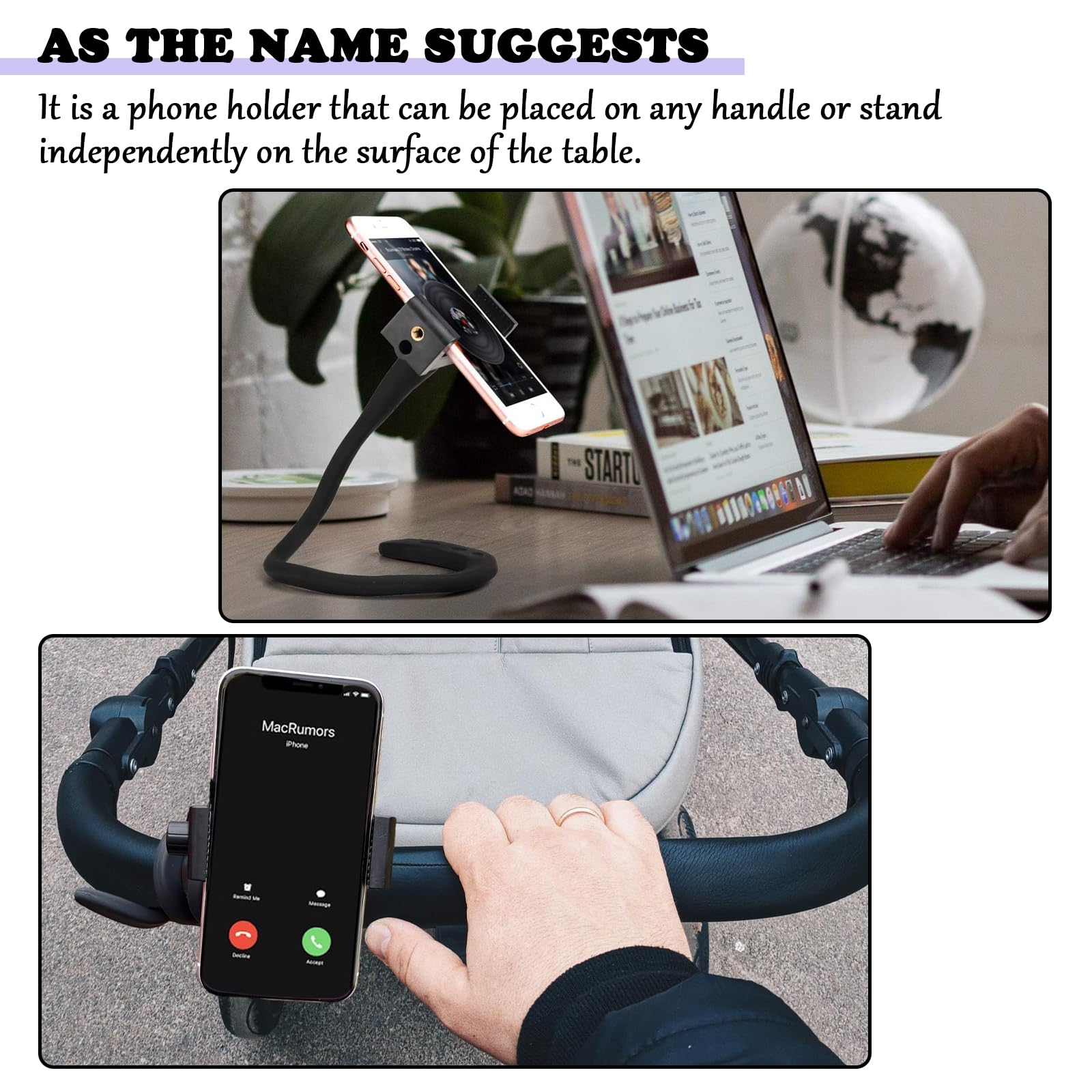 PEUTIER Stroller Bike Phone Holder, Flexible Cell Phone Bicycle Pram Mount With Non Skidding Arm Grip Soft Alloy Phone Clamp For Baby Buggy Desk Handlebar Treadmill Pushchair - View #2