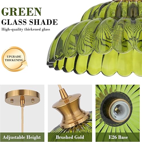 Miniatura 2 de Luces colgantes de vidrio verde, 11.8 pulgadas, iluminación vintage, lámparas de vidrio dorado cepillado, lámpara de techo colgante para cocina,