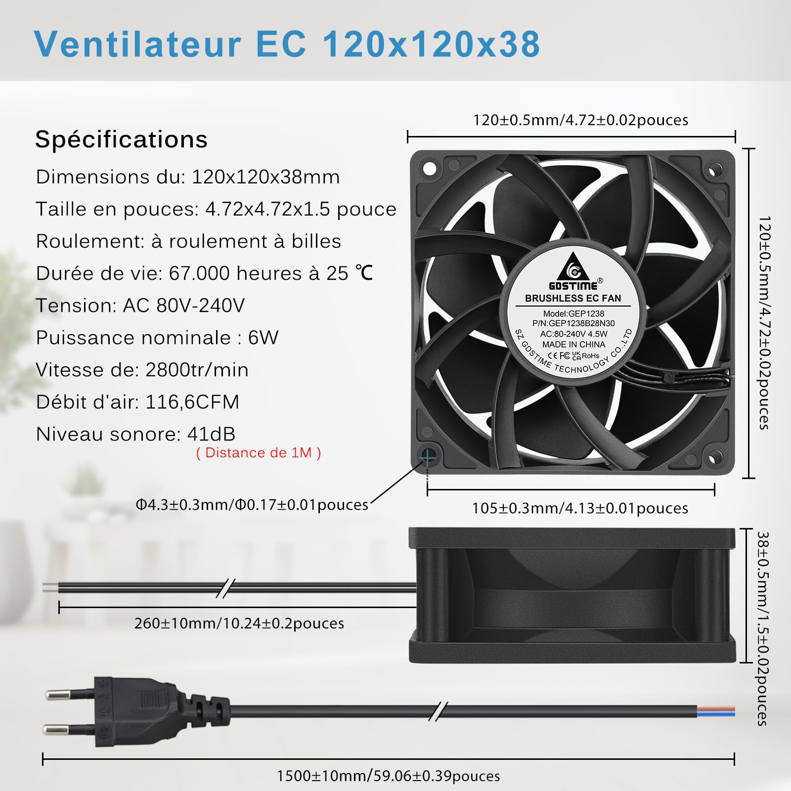 GDSTIME EC AC 120 mm Ventilador 220 V 120 x 120 x 38 Ventilador PC 230 V Ventilo 120 mm con rodamiento de bolas