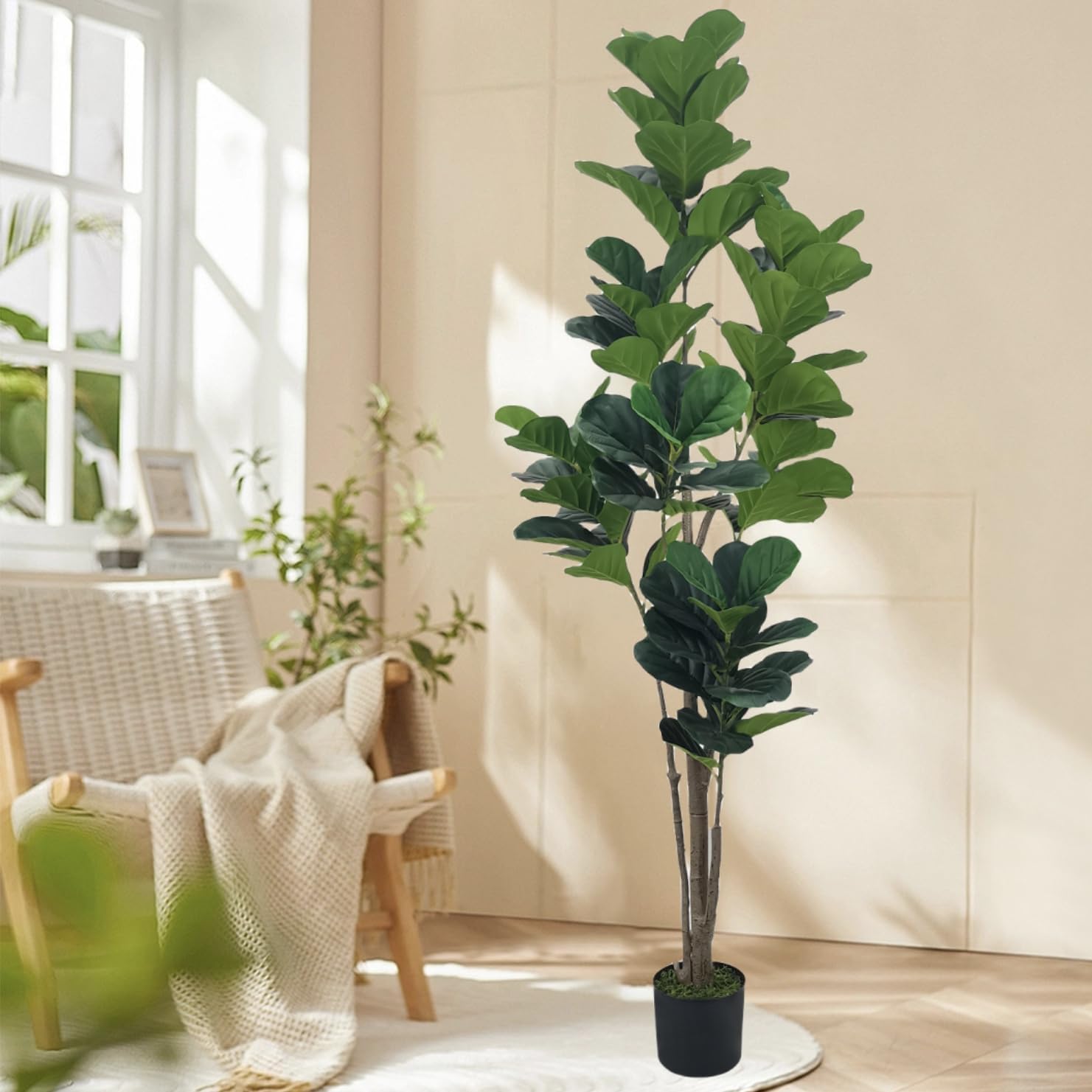 JNT 6ft Artificial Fiddle Leaf Fig Tree, Fake Ficus Lyrata Plant Artificial Tree, Faux Fig Trees in Pot for Indoor Outdoor Office Living Room Home Decor Perfect Housewarming Gift