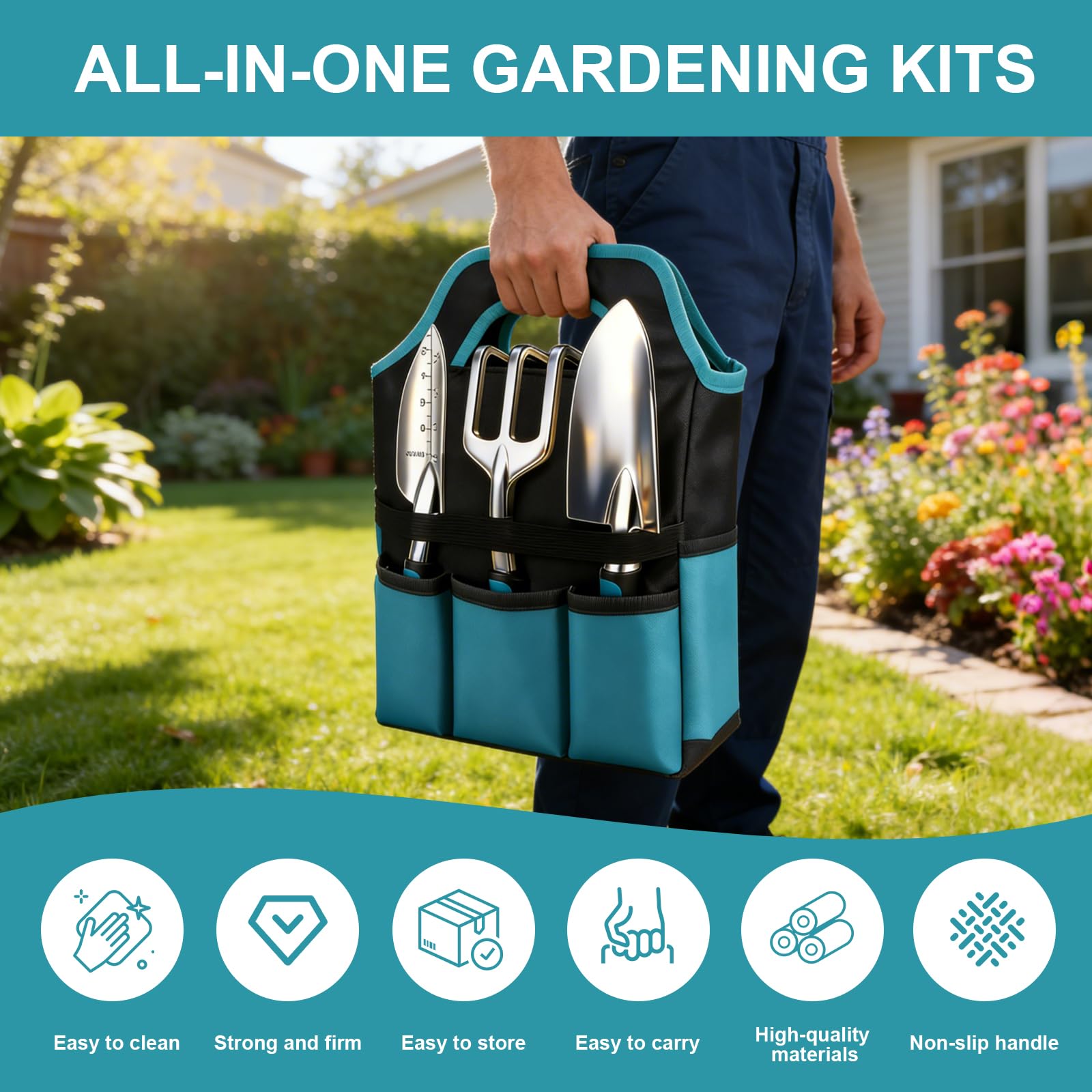 Kit Giardinaggio 7 Pezzi, Attrezzi Giardinaggio in Alluminio con Manico Ergonomico Antiscivolo, Antiruggine e Borsa, Set Giardino Completo per Uomini e Donne