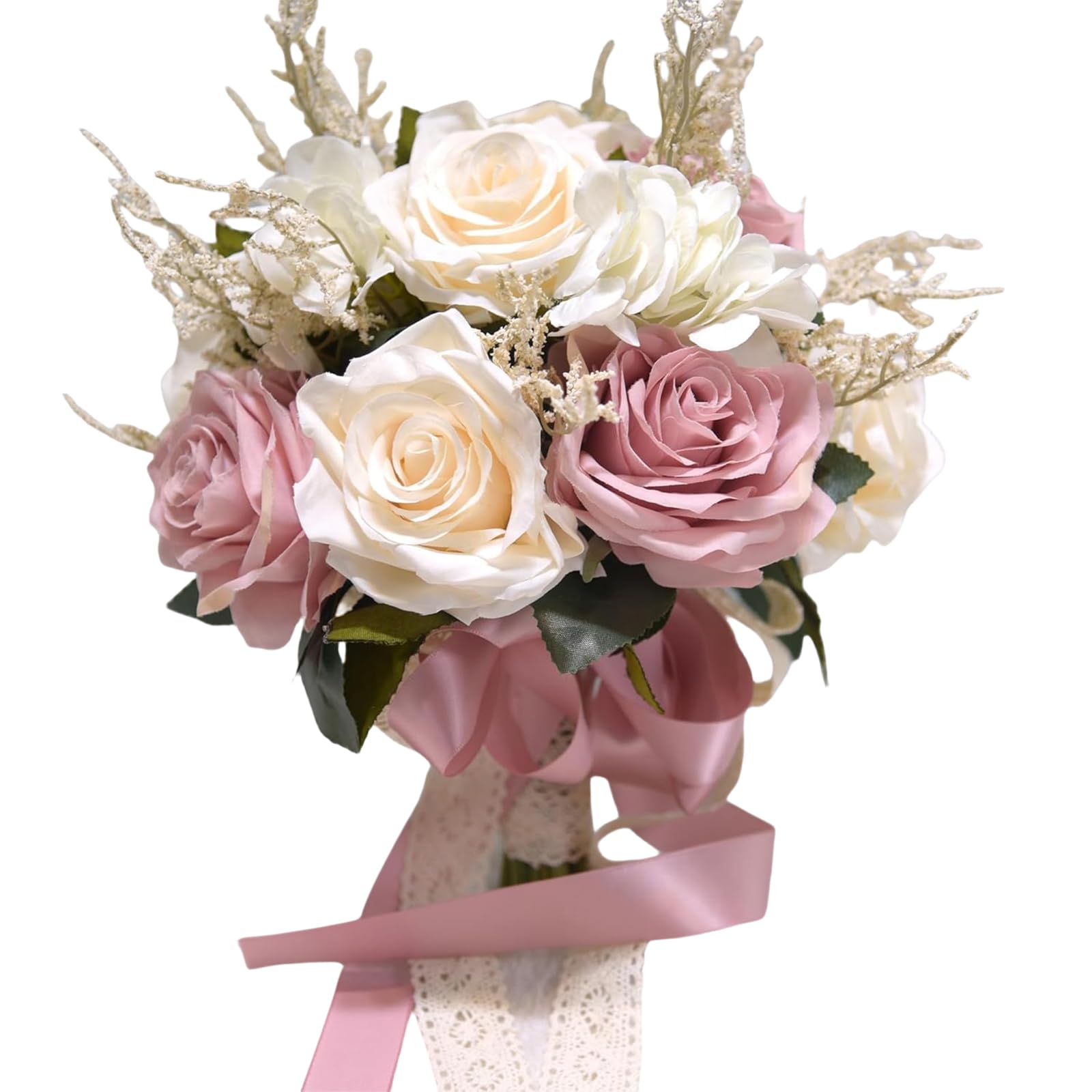 Linghe Wedding Bouquets for Bride, Artificial Roses Flower Handmade Silk Flower Wedding Bridal Bouquets for Church Party Home Decoration (pink+white)