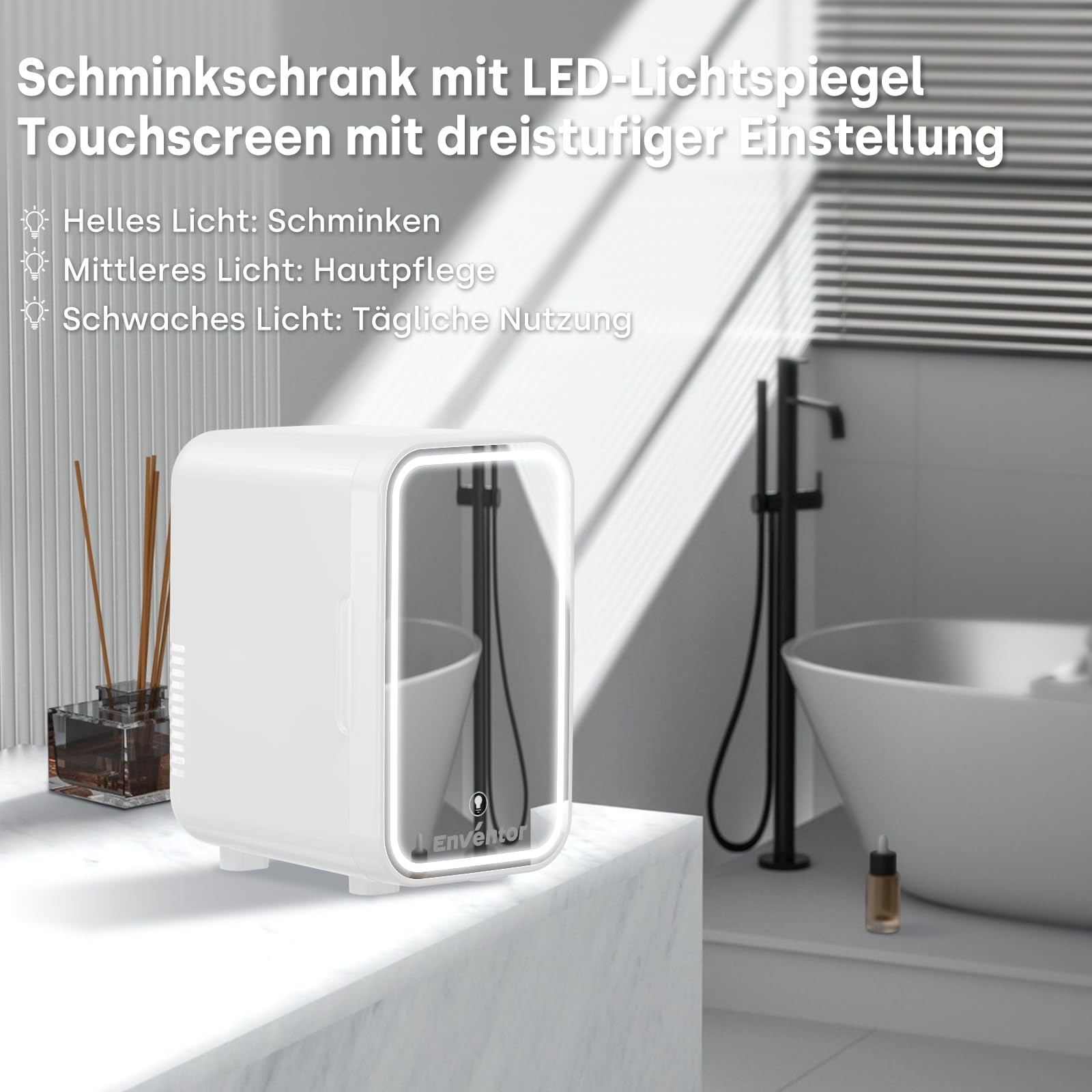 Enventor Mini-Kühlschrank 6L, mit Dimmbarem LED-Lichtspiegel, Weiß | Kosmetik Kühlschrank, Kühler & Wärmer, AC+12V DC für Schlafzimmer, Zuhause, Auto/Hautpflege und Lebensmittel