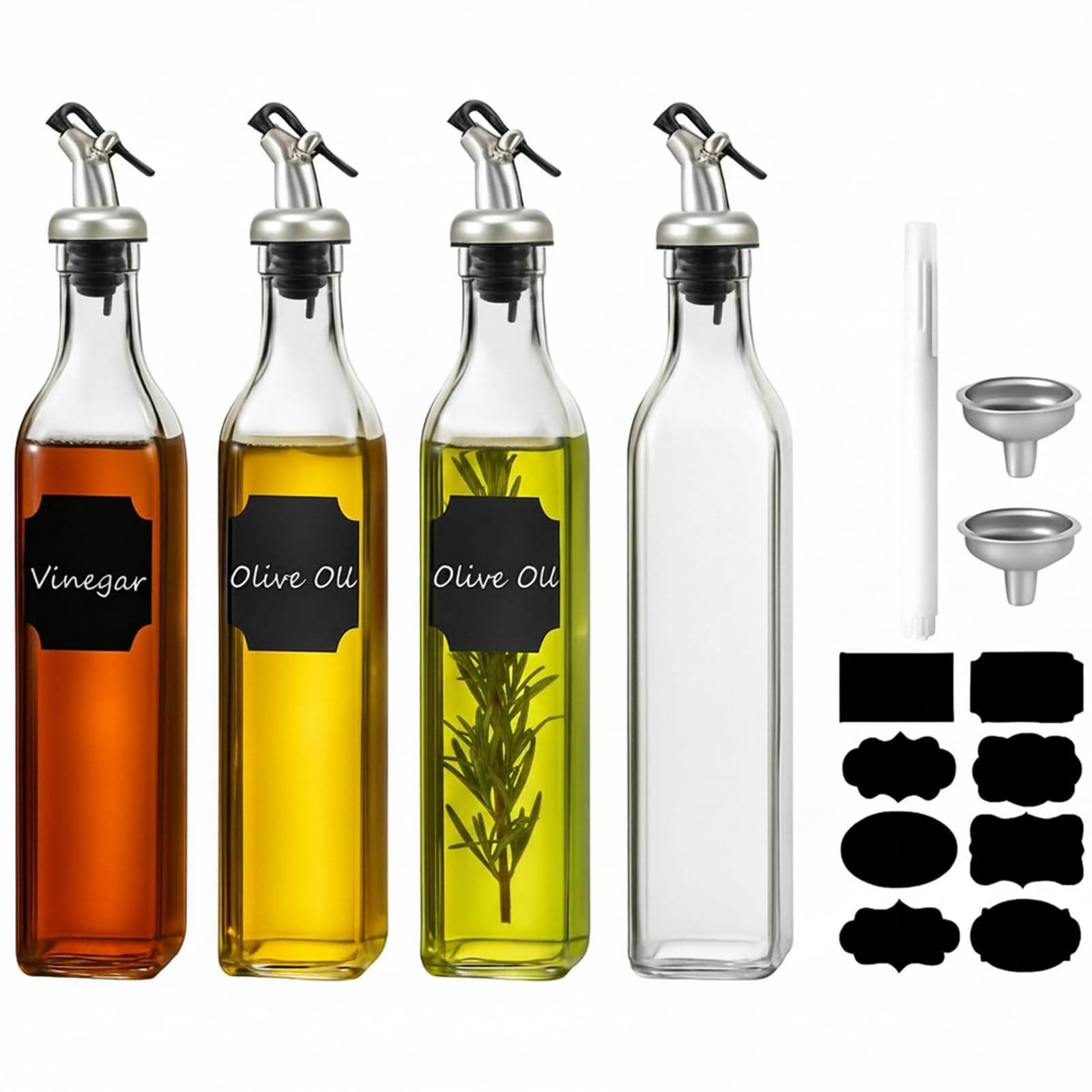 WERTIOO Olive Oil Dispenser Bottle,4Pack 17 OZ Glass Oil Dispenser for Kitchen with 4 Pourer,1 Stainless Steel Funnel & 1 Pen and 8 Label for Kitchen (500ml)