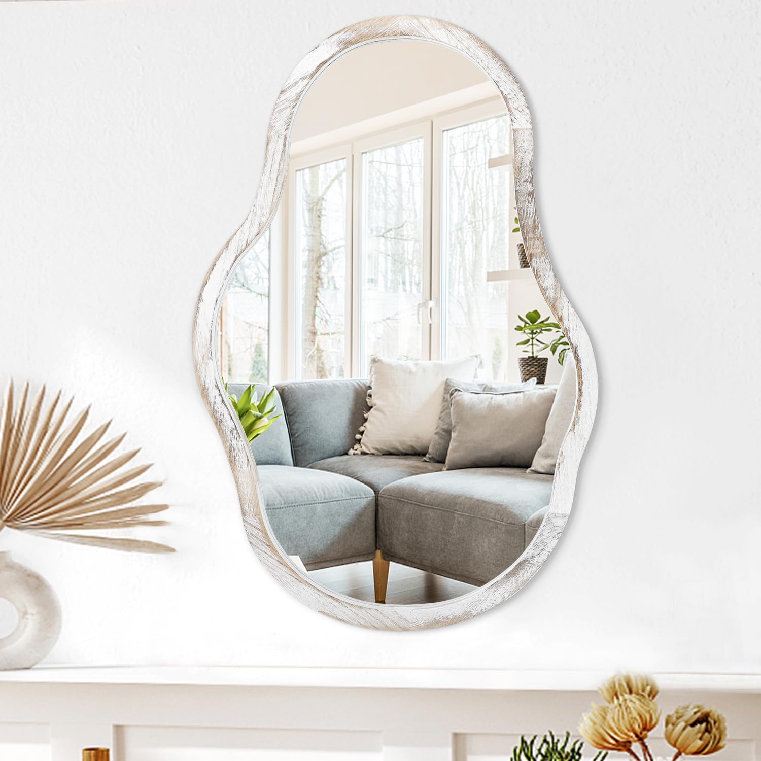 Espejos asimétricos para pared, marco de madera irregular blanco, espejo moderno y único, espejo colgante ondulado para baño, tocador, dormitorio, sala de estar, entrada, pasillo, espejo decorativo