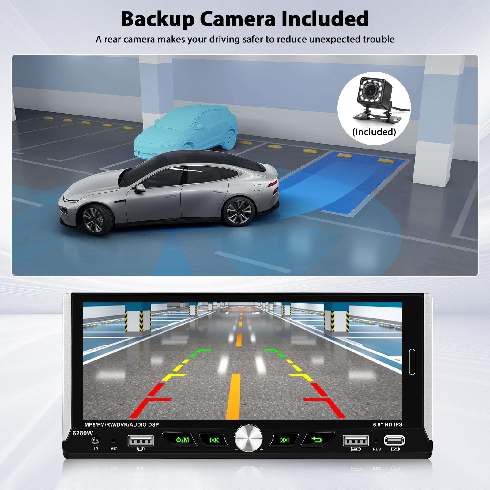 Inefala Autoradio CarPlay 1 DIN avec Wireless Carplay et Android Auto sans Fil, Radio avec écran 6,9 Pouces avec Bluetooth, Mirror Link, Compatible FM/RDS, EQ, USB, Type C, Recharge USB