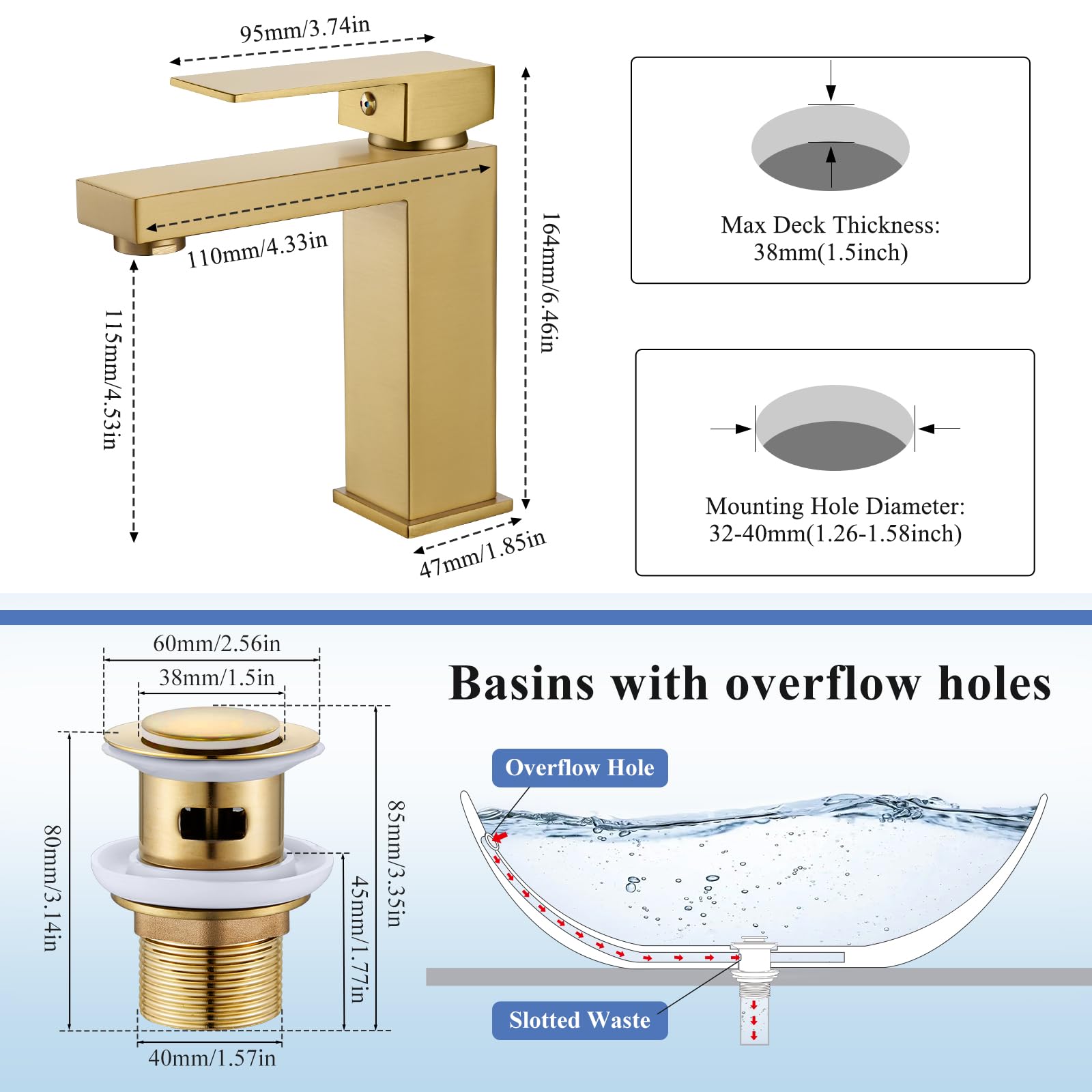 Gold Basin Tap with Waste, Bathroom Mixer Tap Gold Single Lever Bathroom Faucet - Image 2