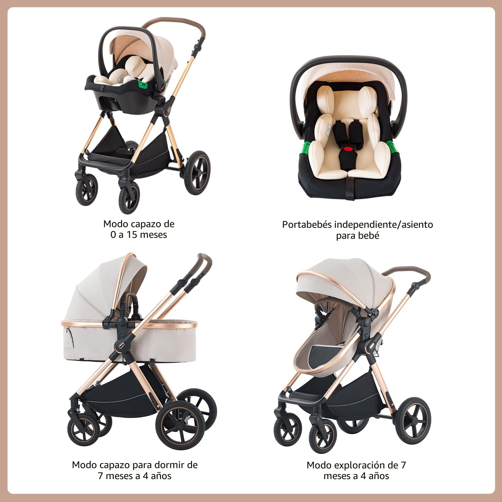 Cochecito 3 en 1 con sistema de viaje, estructura de aluminio, cochecito combinado, ligero y plegable para recién nacidos y niños pequeños de 0 a 36 meses desde el nacimient (RICEWHITE-N, D2)