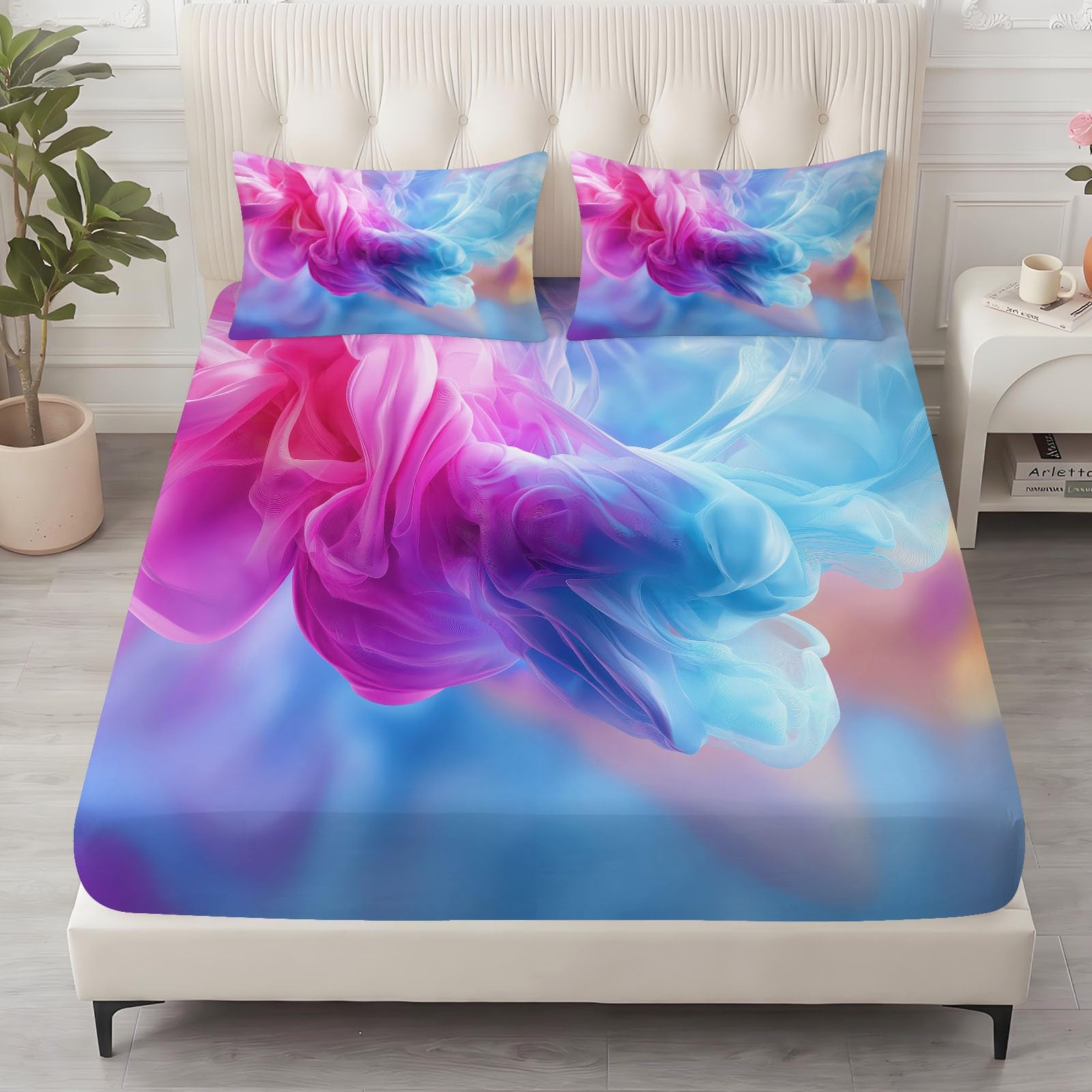 Juego de sábanas bajeras ajustables de 3 piezas, 160 x 200 cm, degradado abstracto de humo, de microfibra, suave y acogedora, con 2 fundas de almohada de 80 x 80 cm, colchones de hasta 30 cm