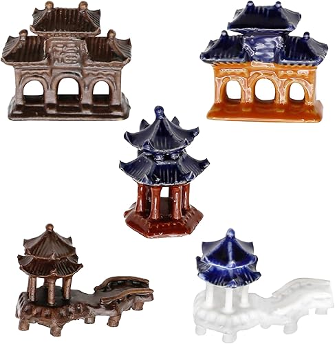 Miniatura 2 de Juego de estatua de pagoda de 5 piezas, adornos de cerámica de micro paisaje, para accesorios de jardín en miniatura, decoración de acuarios,