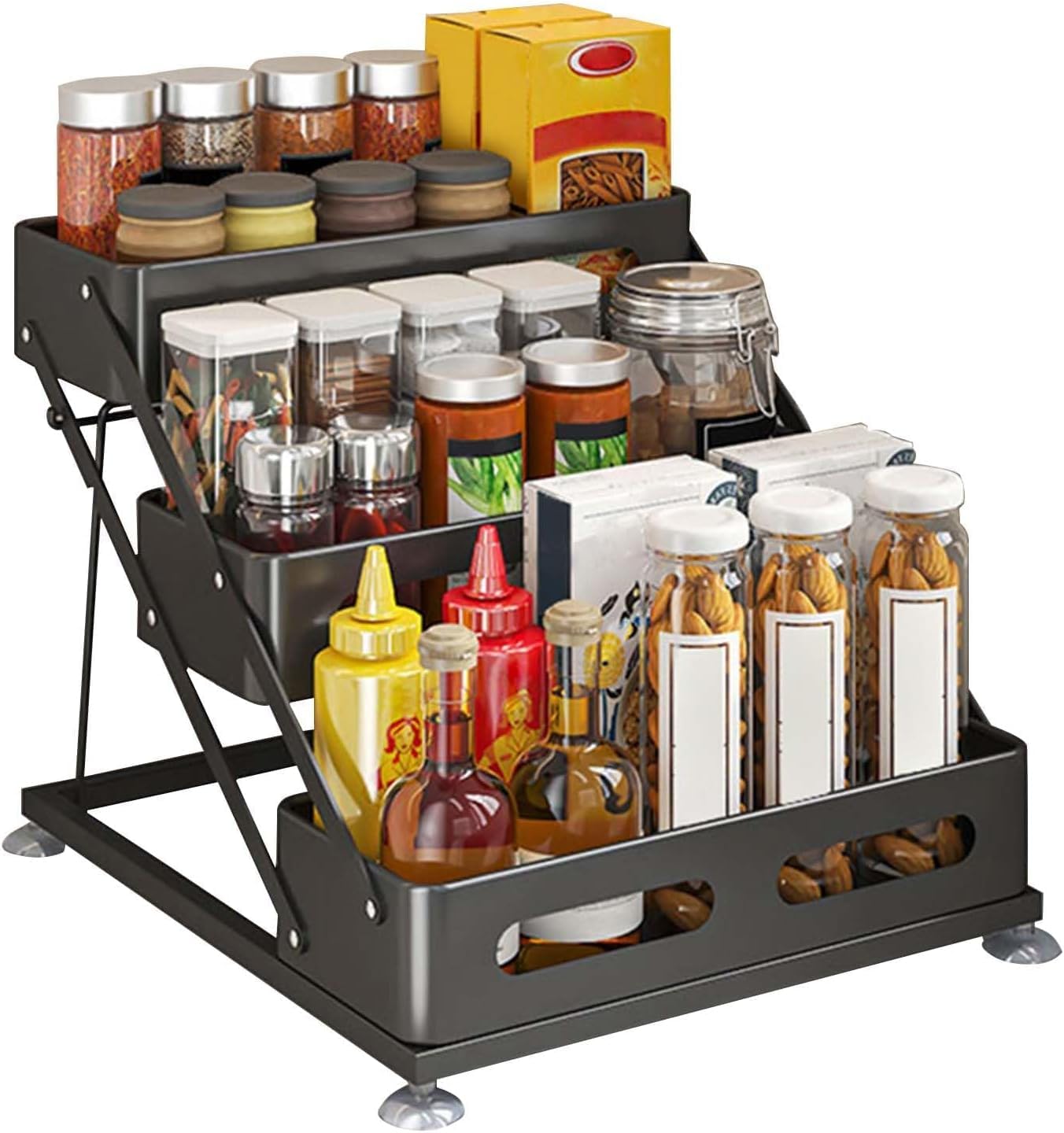 Garvee Carbon Steel Tiered Spice Rack with Non-Slip Suction Cups, 3-Tiers Countertop Spice Rack, Adjusted Height 10-10.8Inch, Space-Saving for Kitchen Desktop, Black