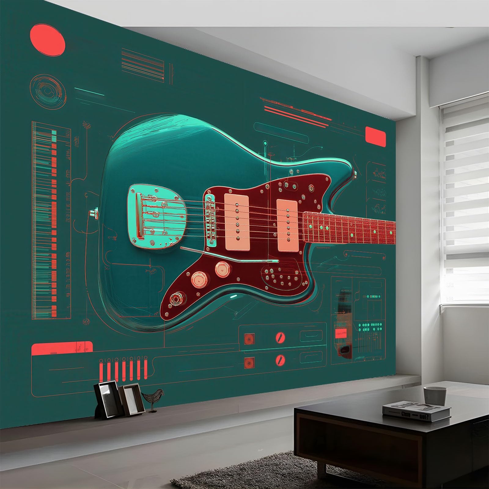 Papel Pintado Panorámico 3D Música Guitarra Geométrico Rayas, Mural de Pared Estilo Retro para Salón Dormitorio Habitación Infantil Sala de Juegos - Decoración Mural Fotográfica 350An x 256Al cm