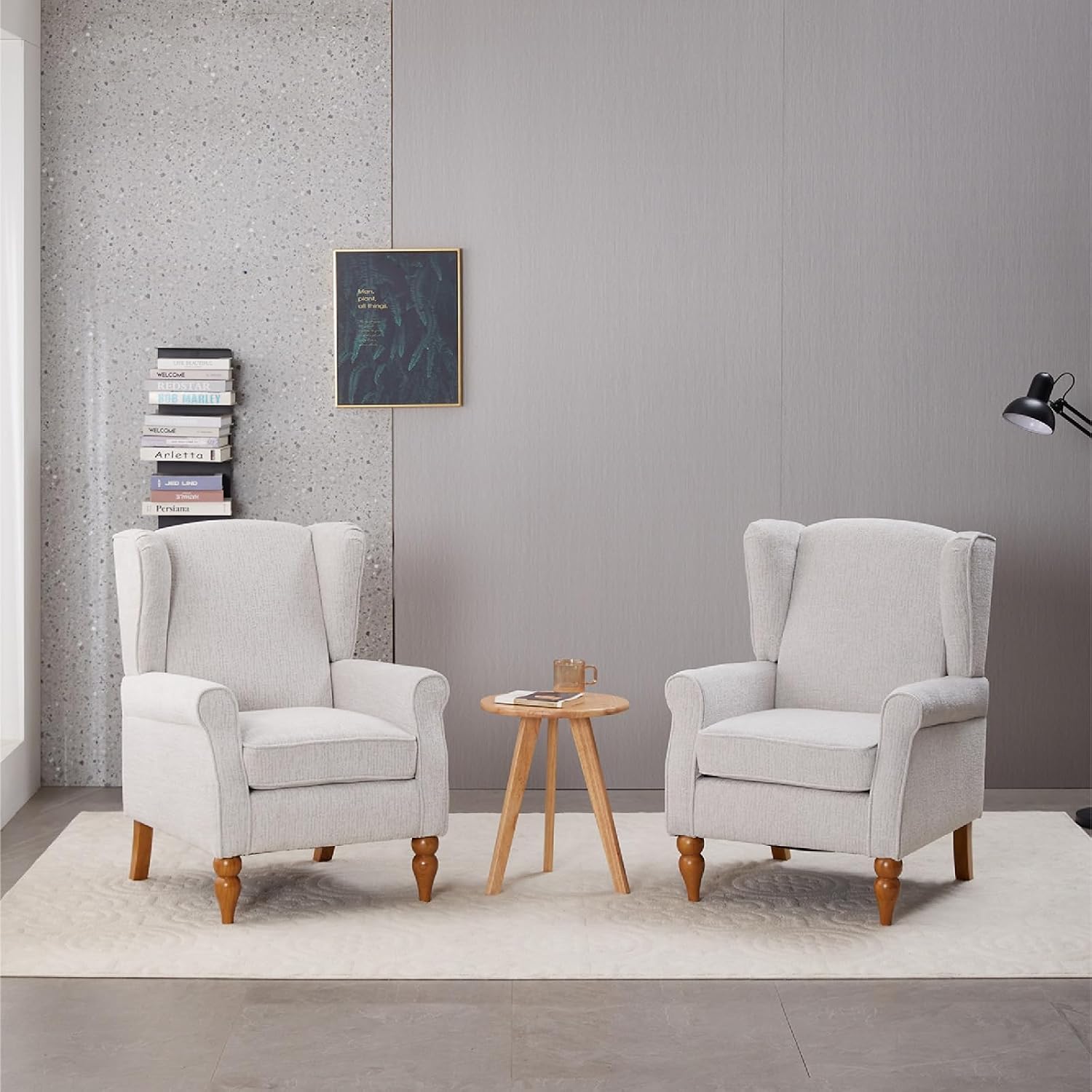 Coffee Table & Armchair Set,Vintage Luxury Style, a high-back comfortable reading chair (beige) & a solid wood coffee table (Natural Wood) , suitable for living rooms and bedroom relaxation areas.